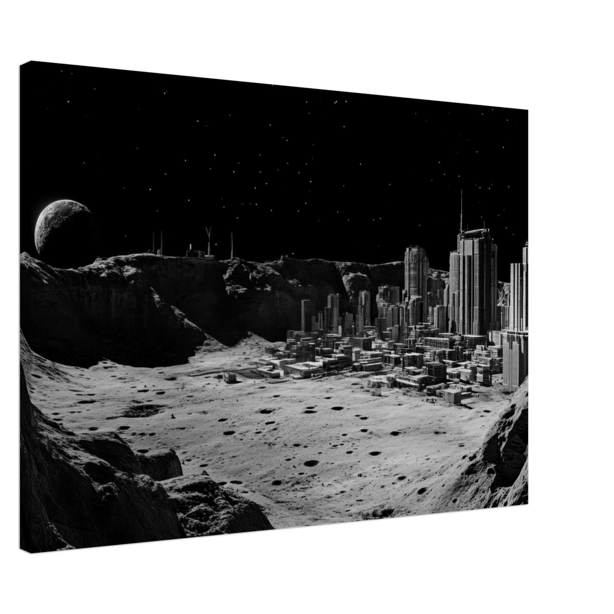 Canvas Landscape - Crater City on a Dead Moon A sprawling city built - Shop Ai Art WebShop - Digital Art online Store