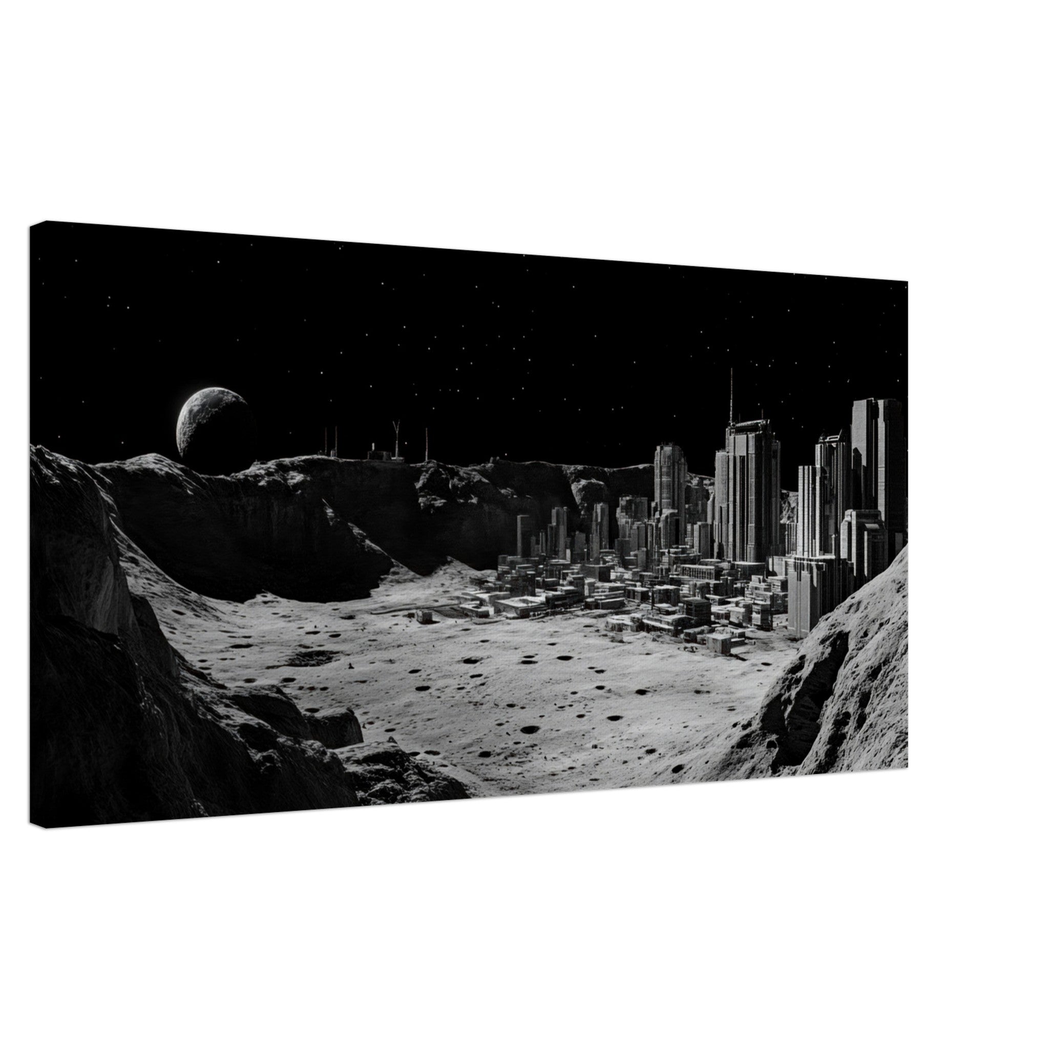 Canvas Landscape - Crater City on a Dead Moon A sprawling city built - Shop Ai Art WebShop - Digital Art online Store