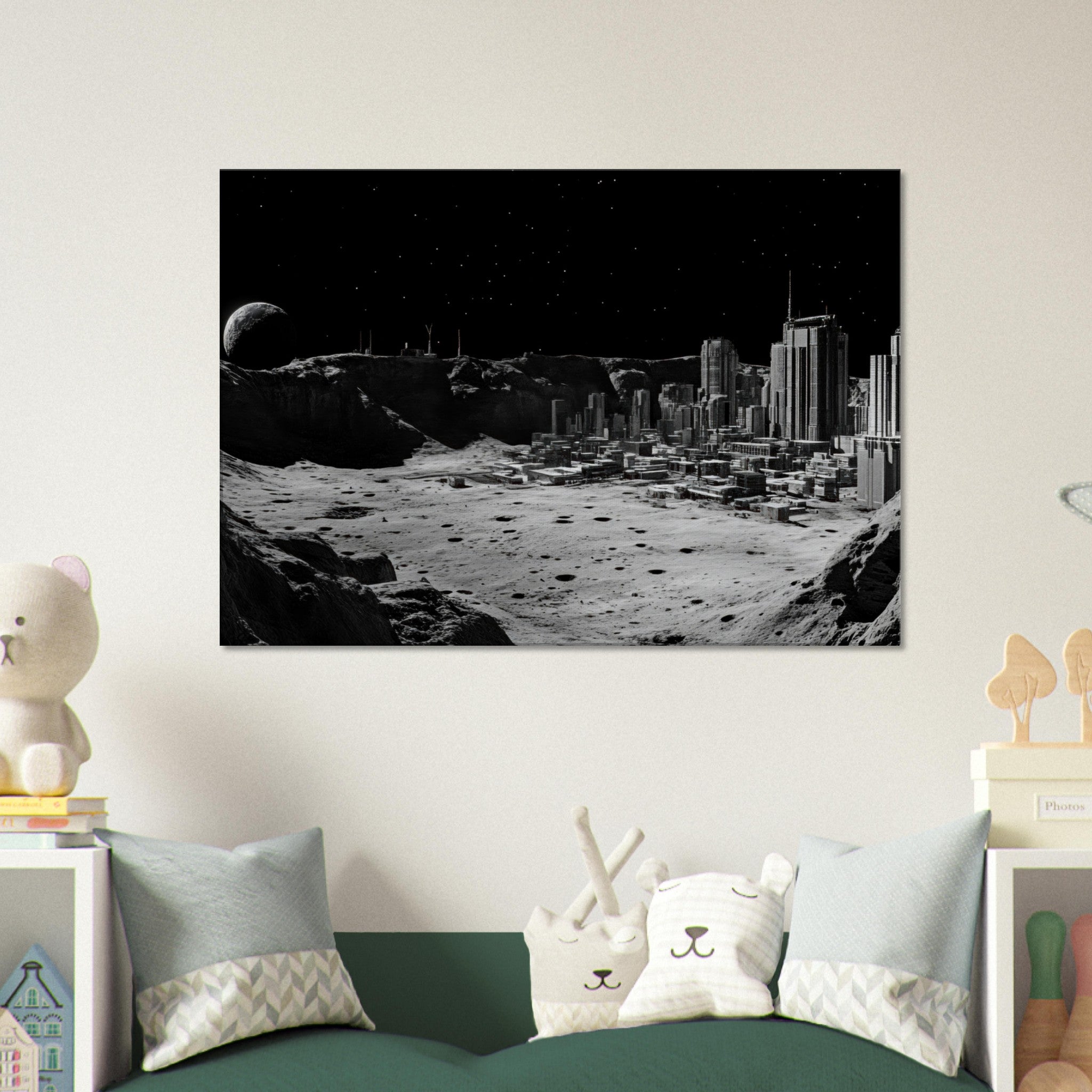 Canvas Landscape - Crater City on a Dead Moon A sprawling city built - Shop Ai Art WebShop - Digital Art online Store