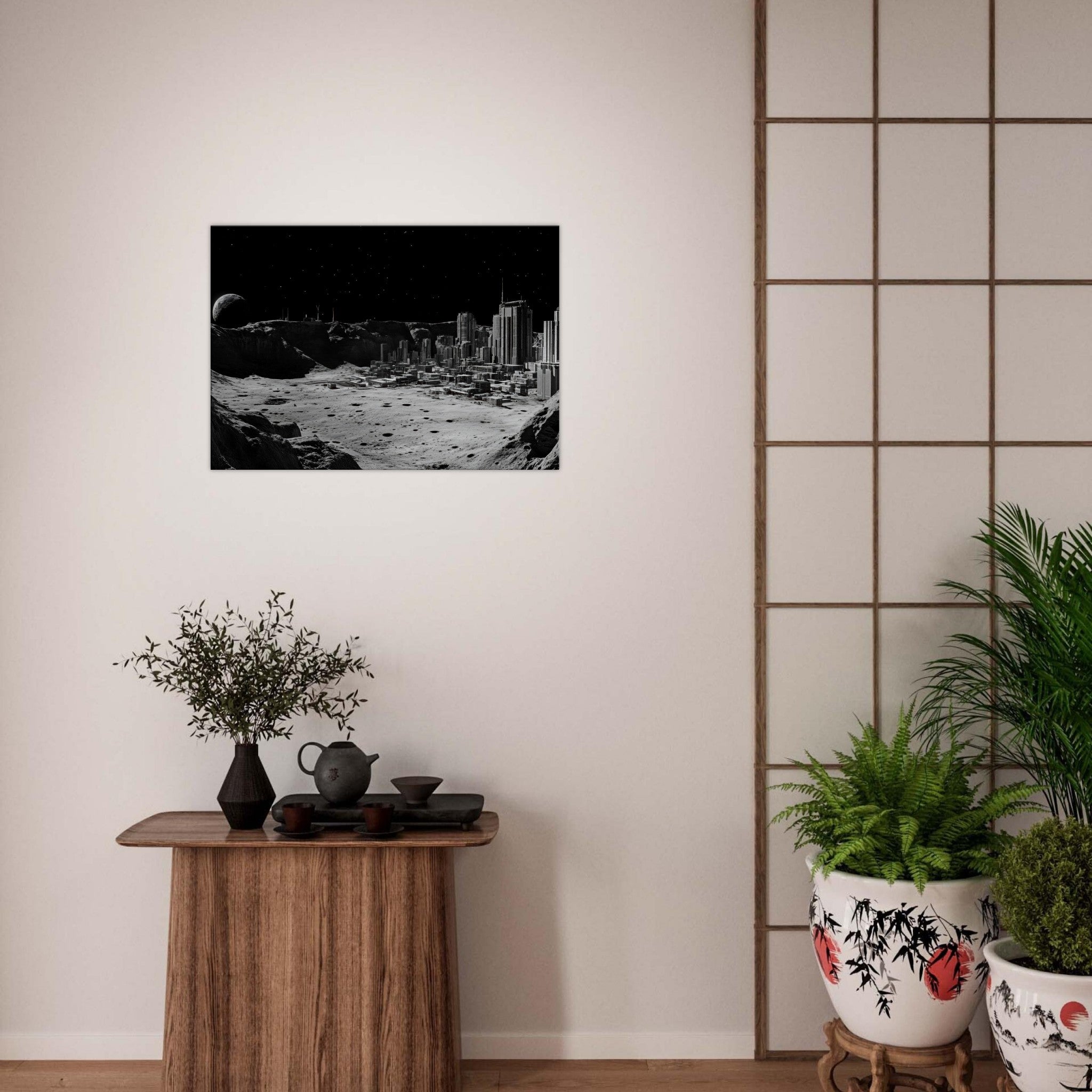 Canvas Landscape - Crater City on a Dead Moon A sprawling city built - Shop Ai Art WebShop - Digital Art online Store