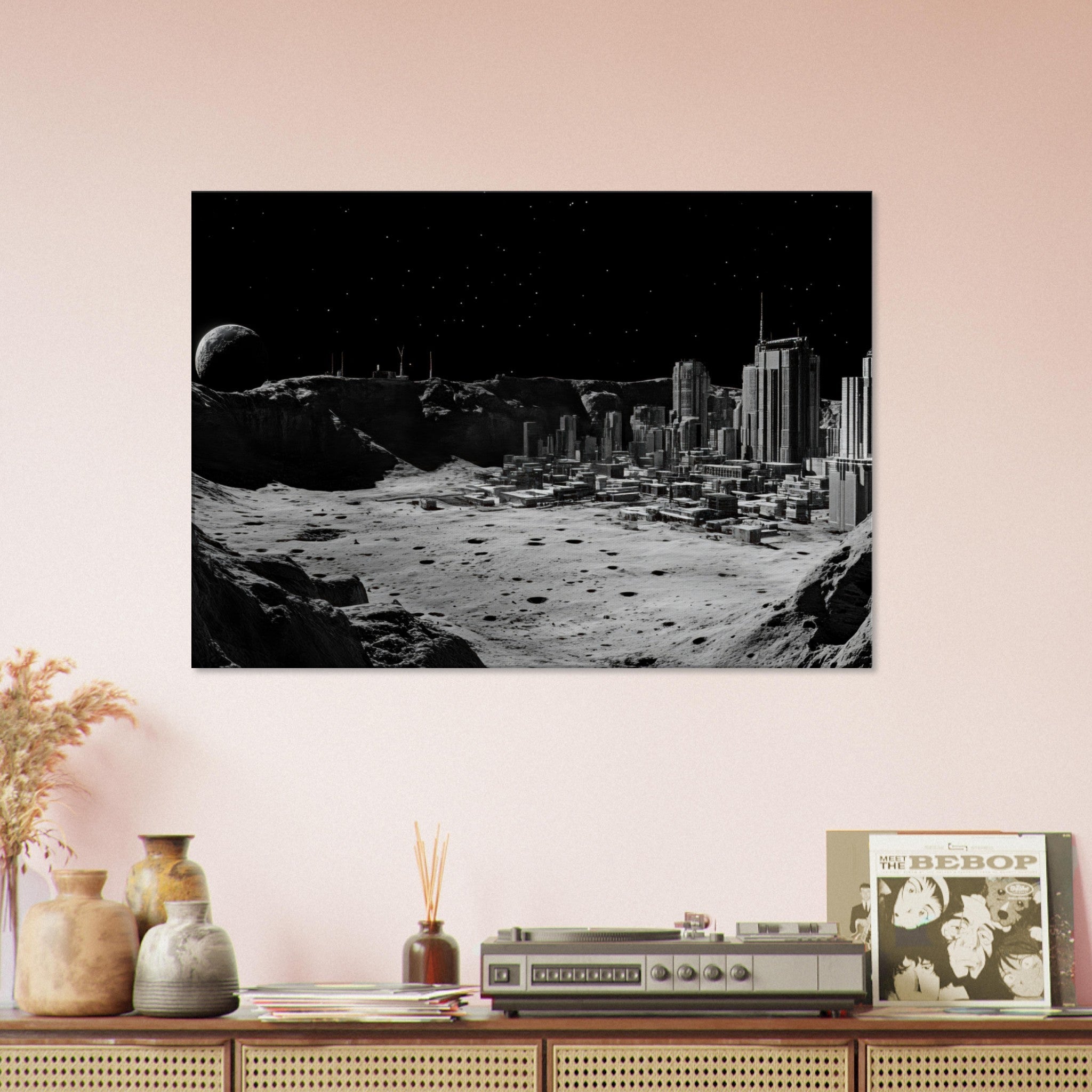 Canvas Landscape - Crater City on a Dead Moon A sprawling city built - Shop Ai Art WebShop - Digital Art online Store