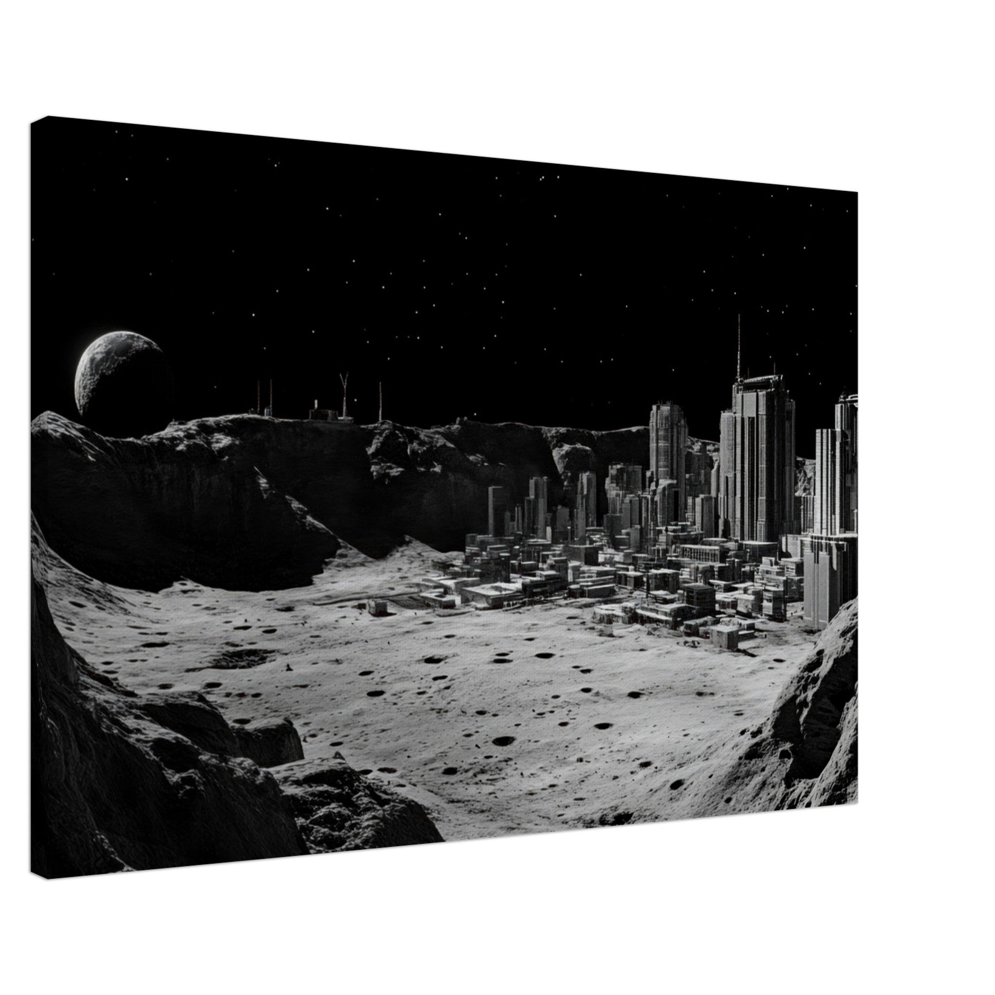 Canvas Landscape - Crater City on a Dead Moon A sprawling city built - Shop Ai Art WebShop - Digital Art online Store