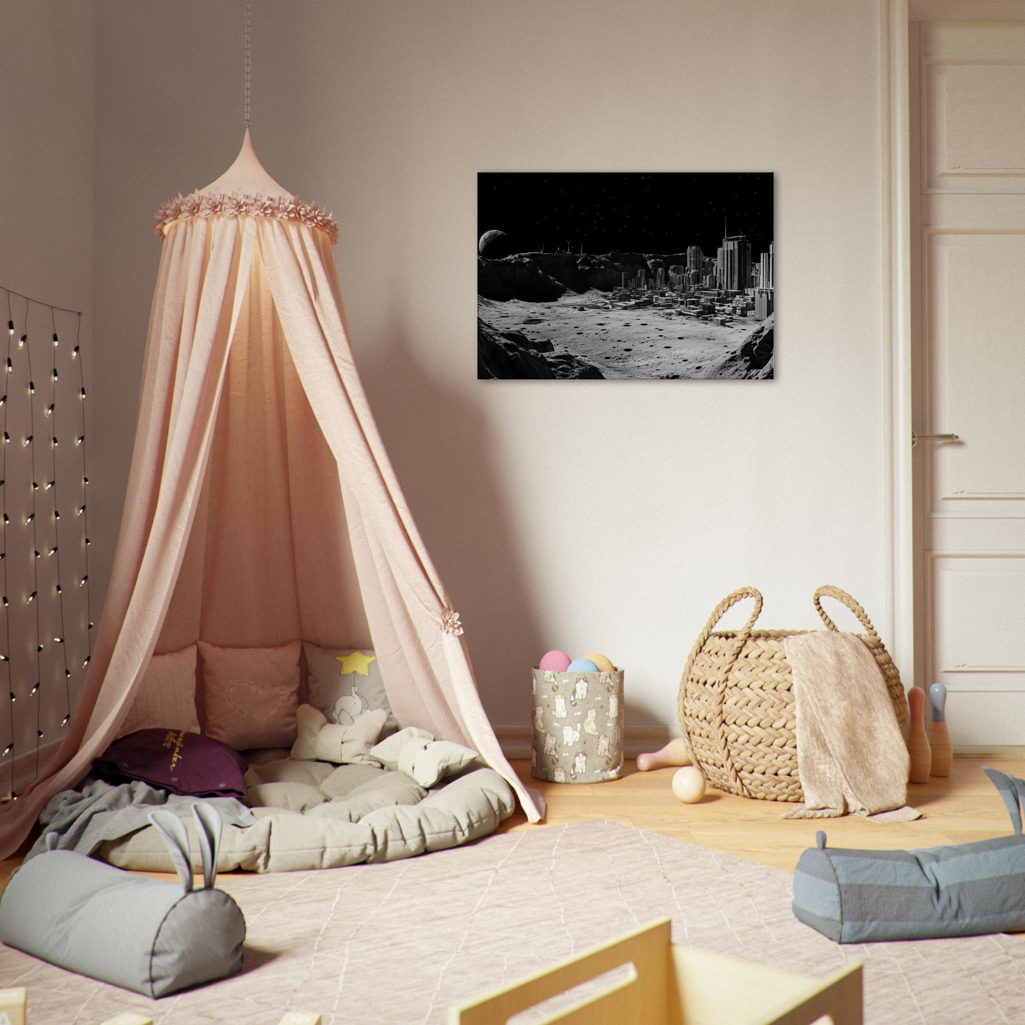Canvas Landscape - Crater City on a Dead Moon A sprawling city built - Shop Ai Art WebShop - Digital Art online Store