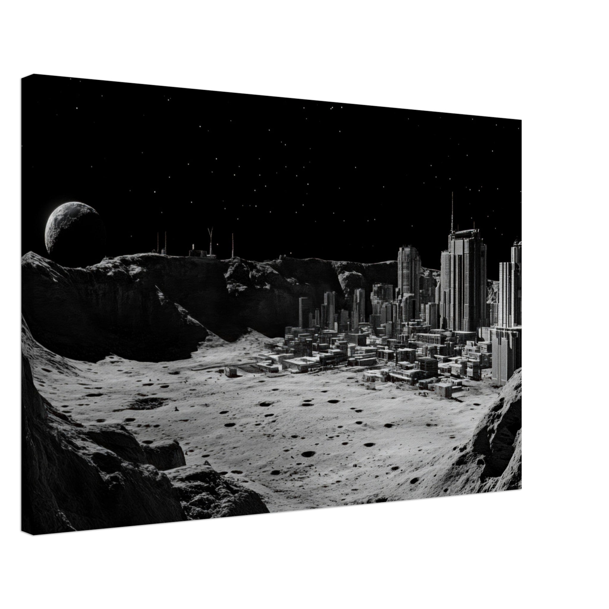 Canvas Landscape - Crater City on a Dead Moon A sprawling city built - Shop Ai Art WebShop - Digital Art online Store