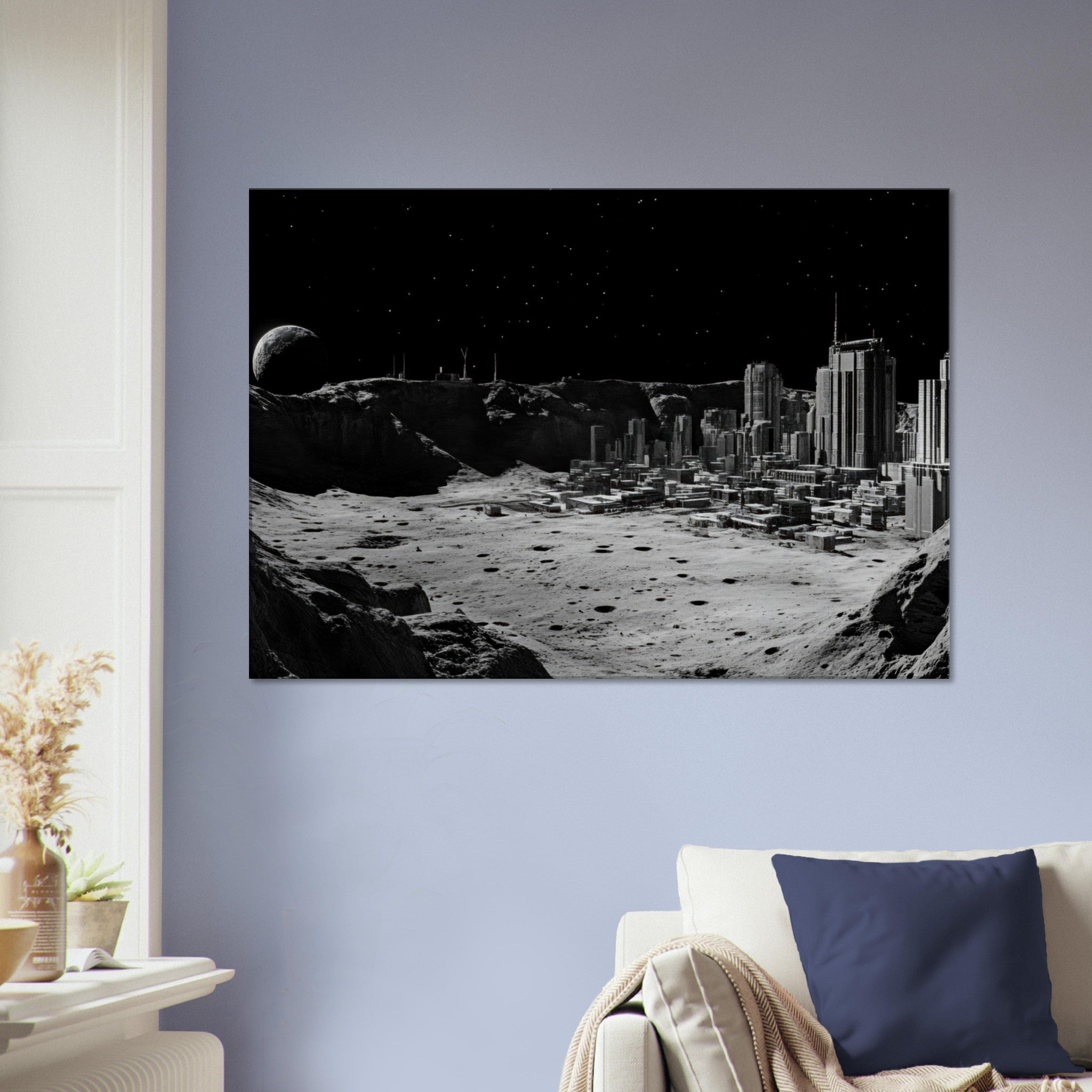 Canvas Landscape - Crater City on a Dead Moon A sprawling city built - Shop Ai Art WebShop - Digital Art online Store