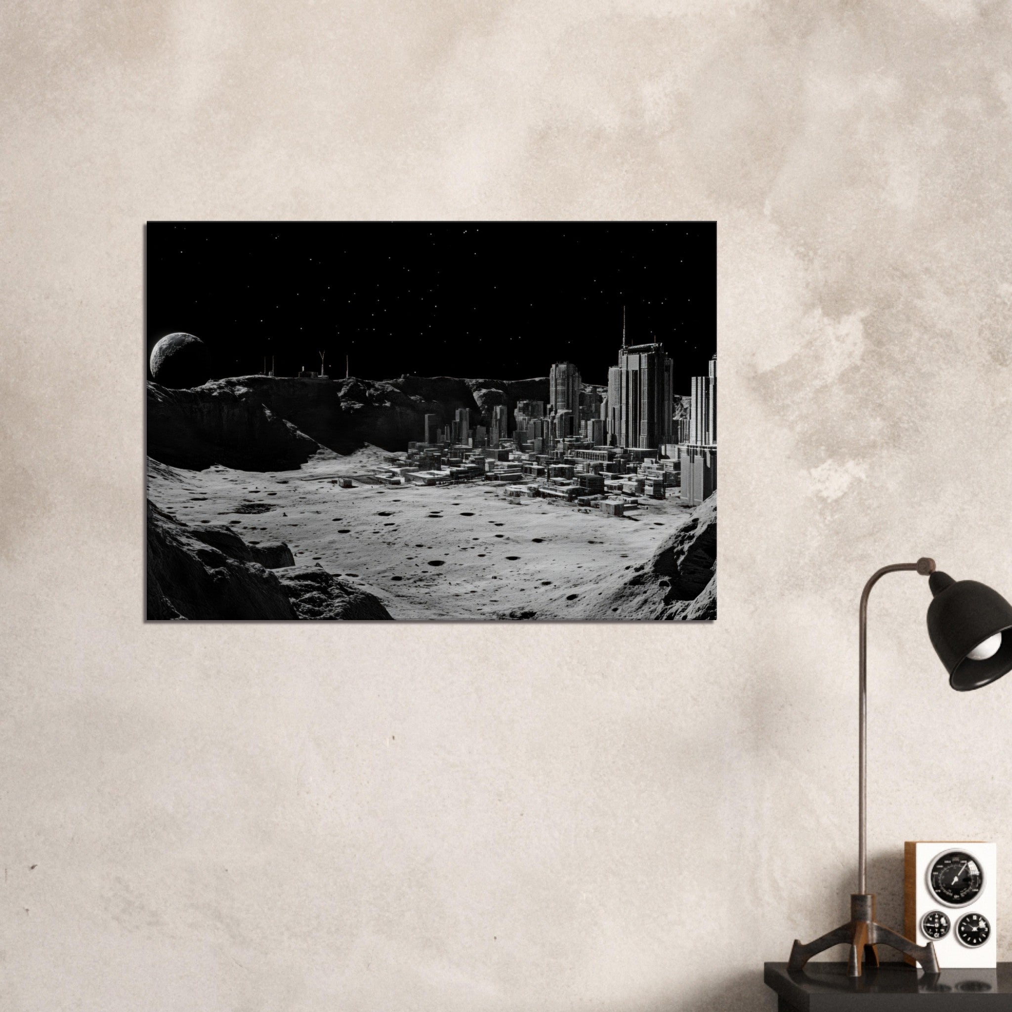 Canvas Landscape - Crater City on a Dead Moon A sprawling city built - Shop Ai Art WebShop - Digital Art online Store