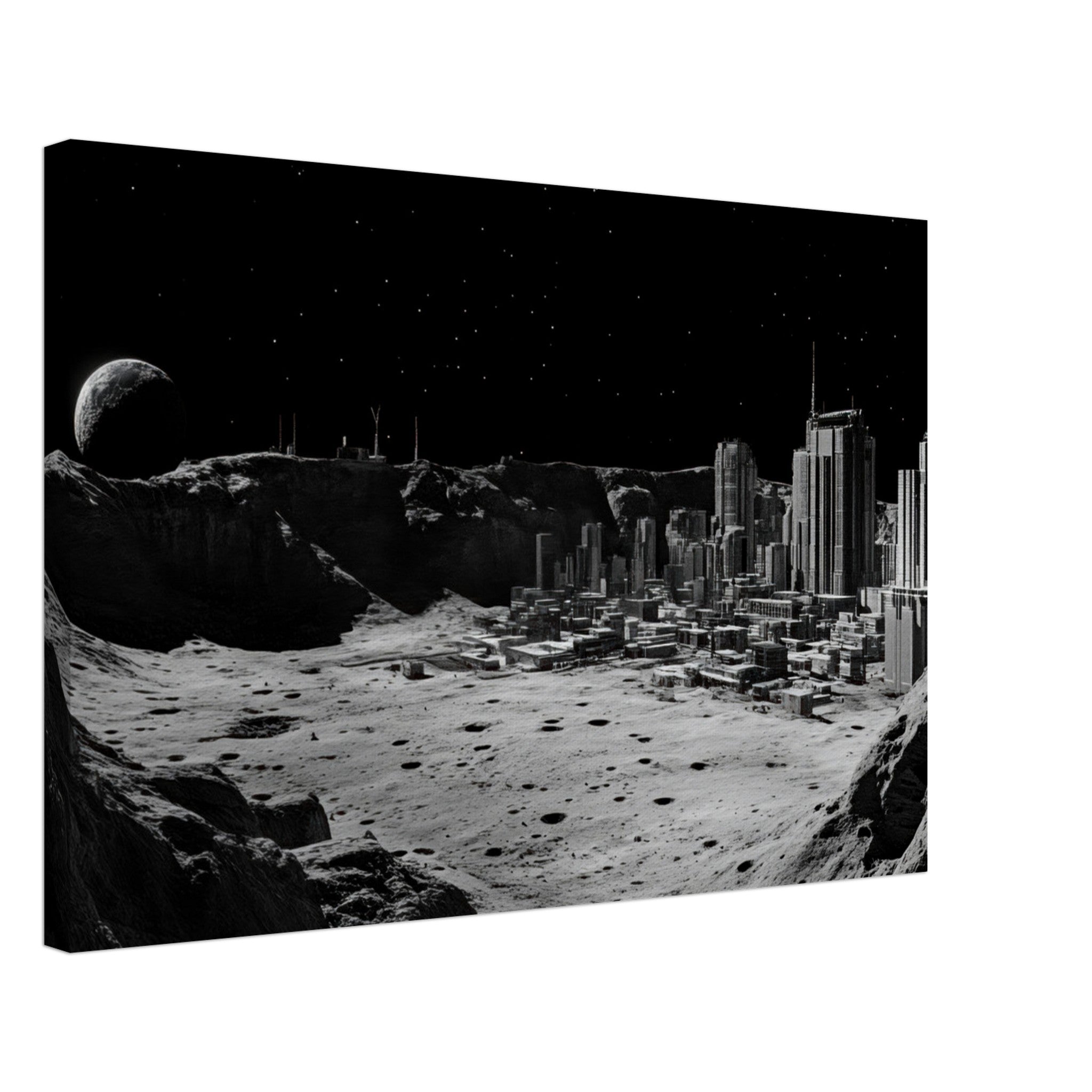 Canvas Landscape - Crater City on a Dead Moon A sprawling city built - Shop Ai Art WebShop - Digital Art online Store