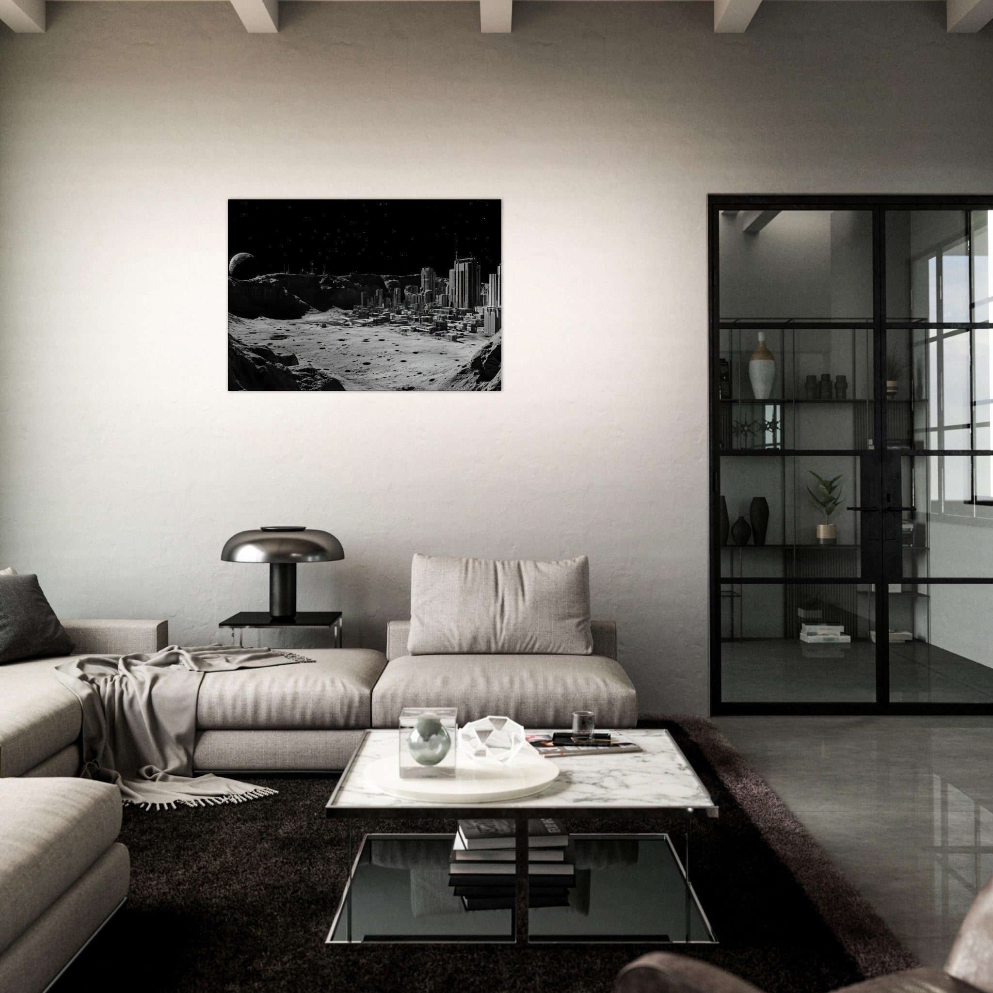 Canvas Landscape - Crater City on a Dead Moon A sprawling city built - Shop Ai Art WebShop - Digital Art online Store