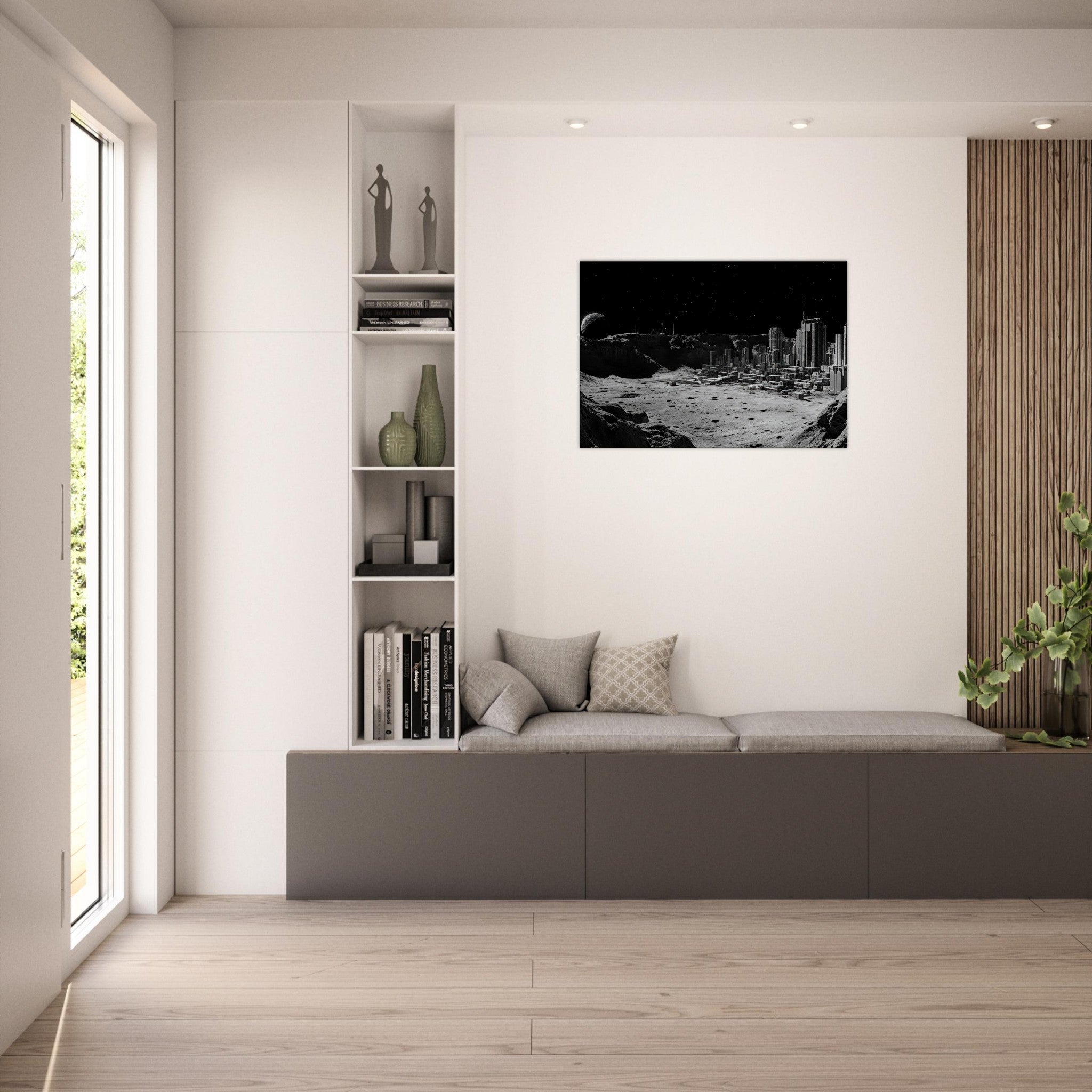 Canvas Landscape - Crater City on a Dead Moon A sprawling city built - Shop Ai Art WebShop - Digital Art online Store