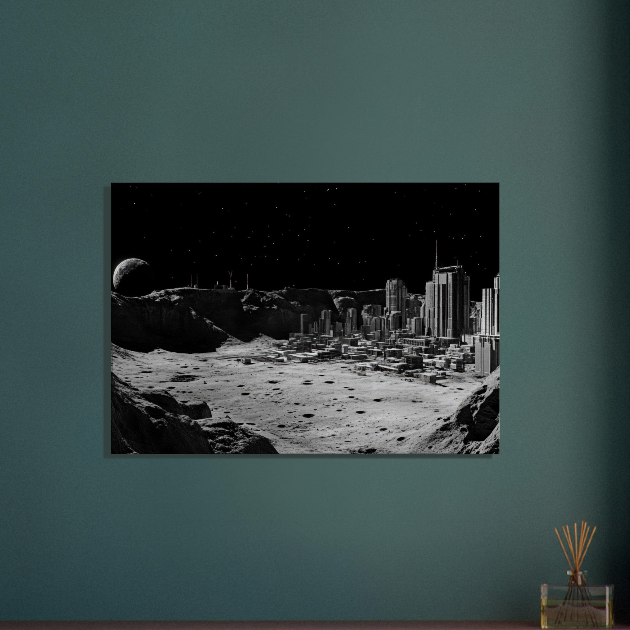 Canvas Landscape - Crater City on a Dead Moon A sprawling city built - Shop Ai Art WebShop - Digital Art online Store