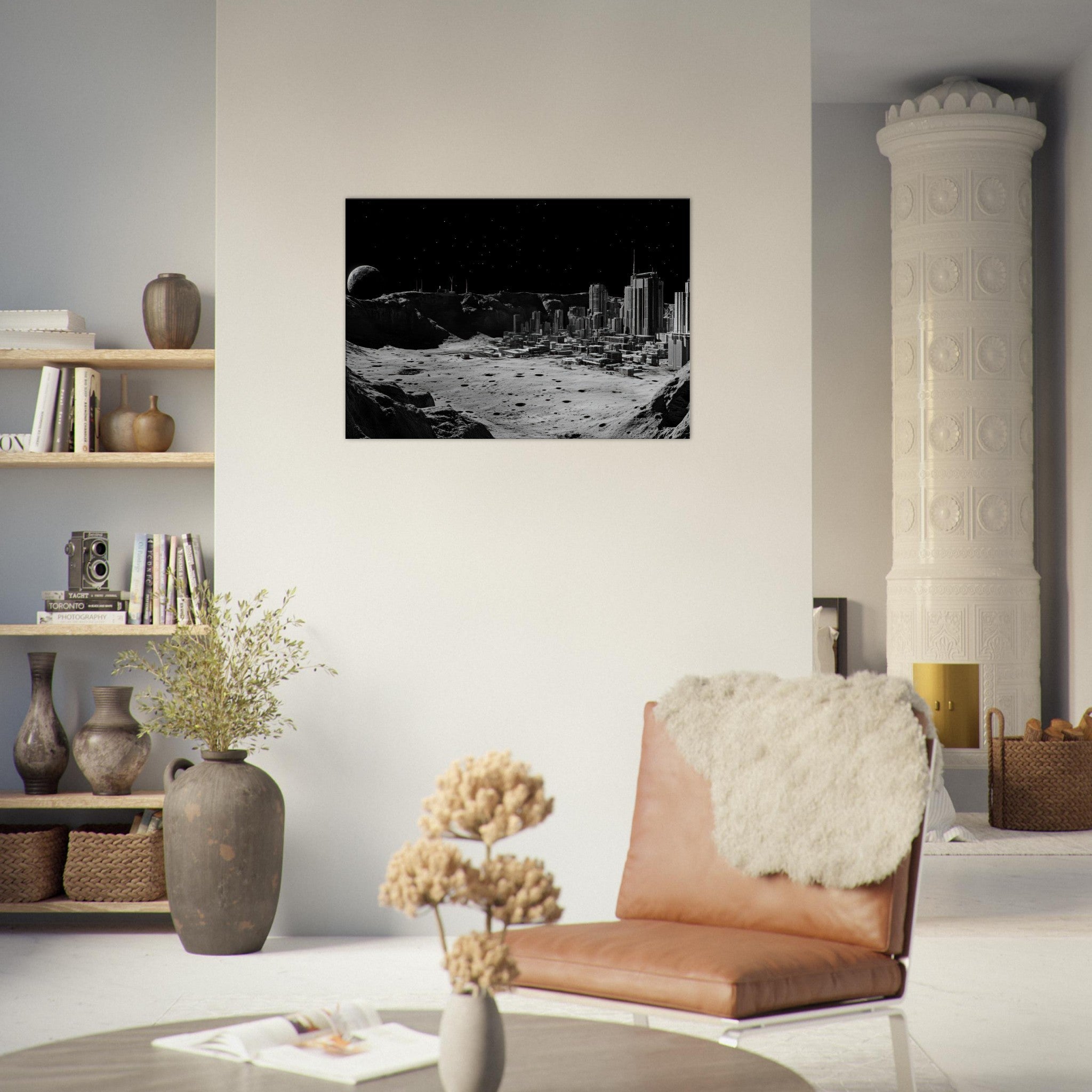 Canvas Landscape - Crater City on a Dead Moon A sprawling city built - Shop Ai Art WebShop - Digital Art online Store