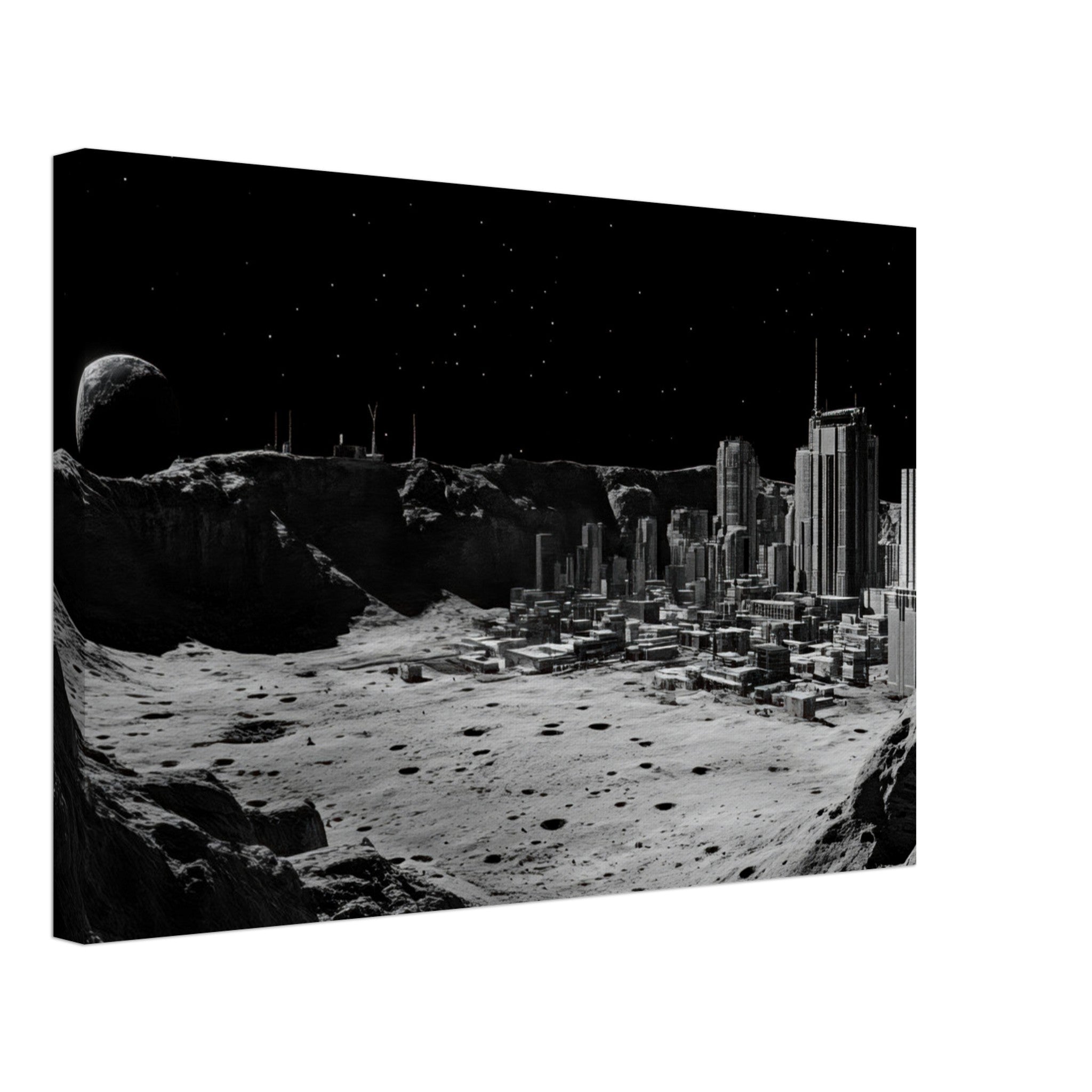 Canvas Landscape - Crater City on a Dead Moon A sprawling city built - Shop Ai Art WebShop - Digital Art online Store