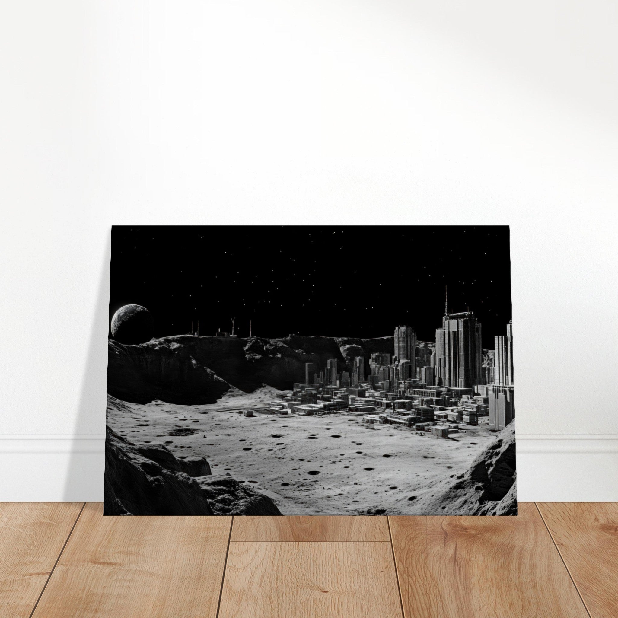 Canvas Landscape - Crater City on a Dead Moon A sprawling city built - Shop Ai Art WebShop - Digital Art online Store