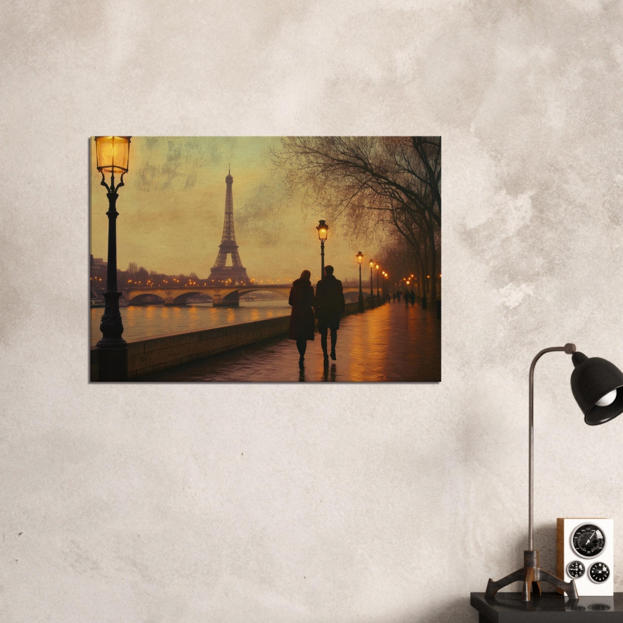 Canvas Landscape - Evening Stroll Along the Seine A romantic river 2 - Shop Ai Art WebShop - Digital Art online Store
