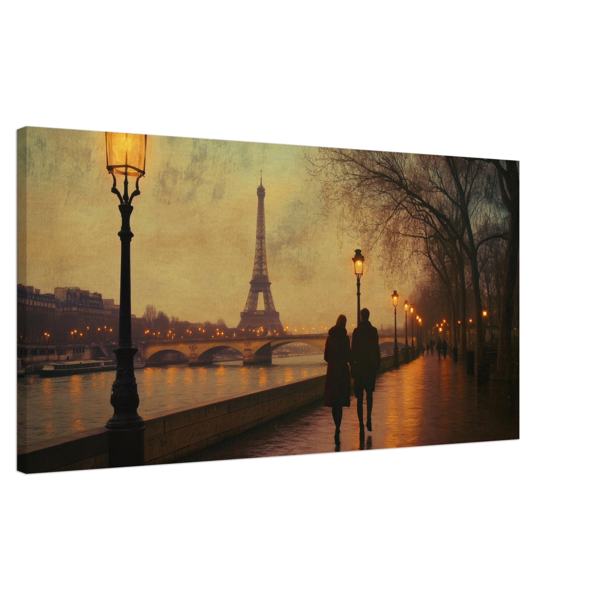 Canvas Landscape - Evening Stroll Along the Seine A romantic river 2 - Shop Ai Art WebShop - Digital Art online Store