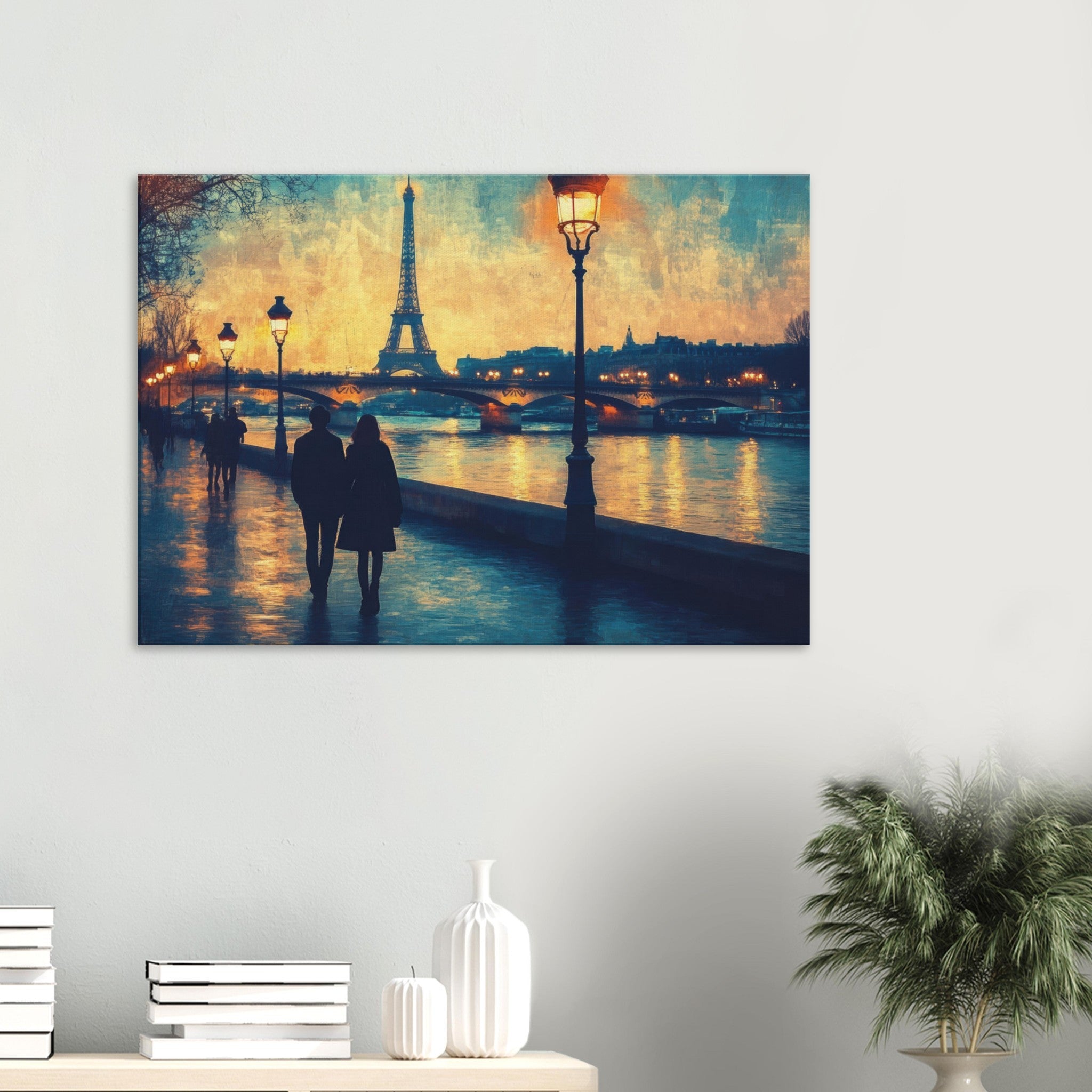 Canvas Landscape - Evening Stroll Along the Seine A romantic river 3 - Shop Ai Art WebShop - Digital Art online Store