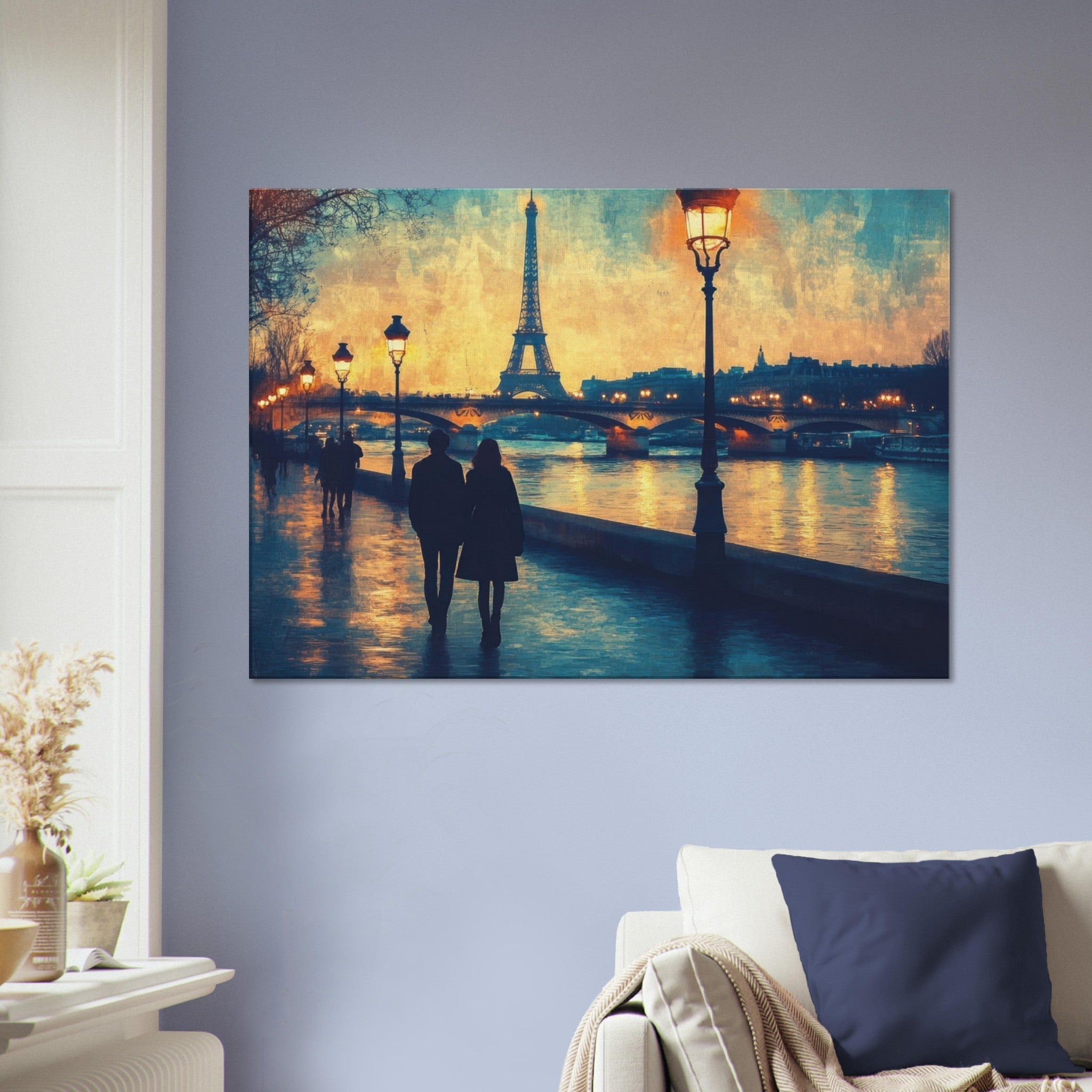 Canvas Landscape - Evening Stroll Along the Seine A romantic river 3 - Shop Ai Art WebShop - Digital Art online Store