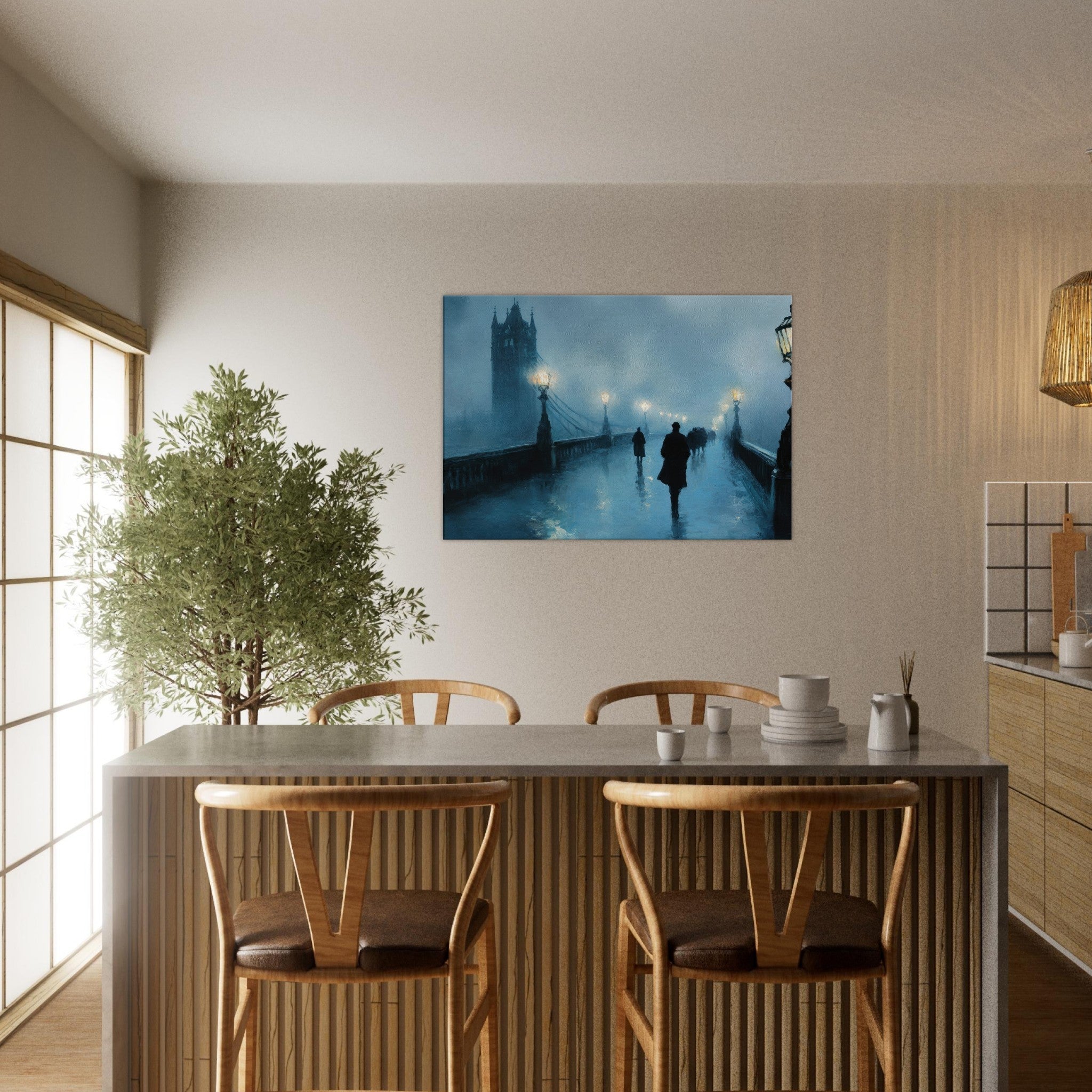 Canvas Landscape - Foggy London Bridge at Dawn A misty morning vie - Shop Ai Art WebShop - Digital Art online Store