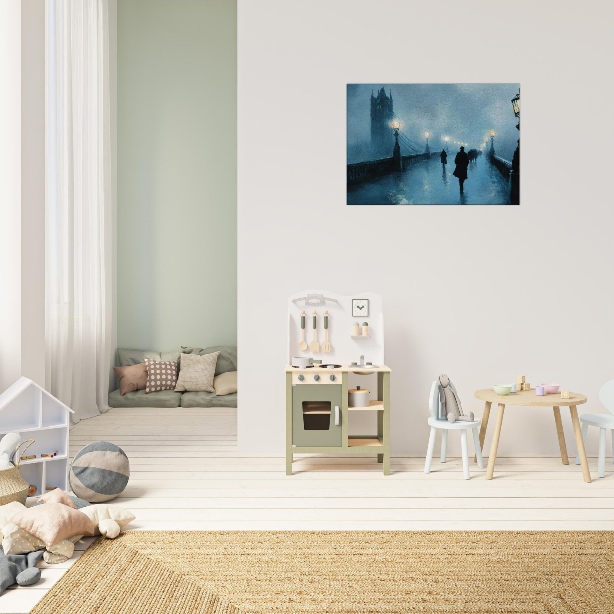 Canvas Landscape - Foggy London Bridge at Dawn A misty morning vie - Shop Ai Art WebShop - Digital Art online Store