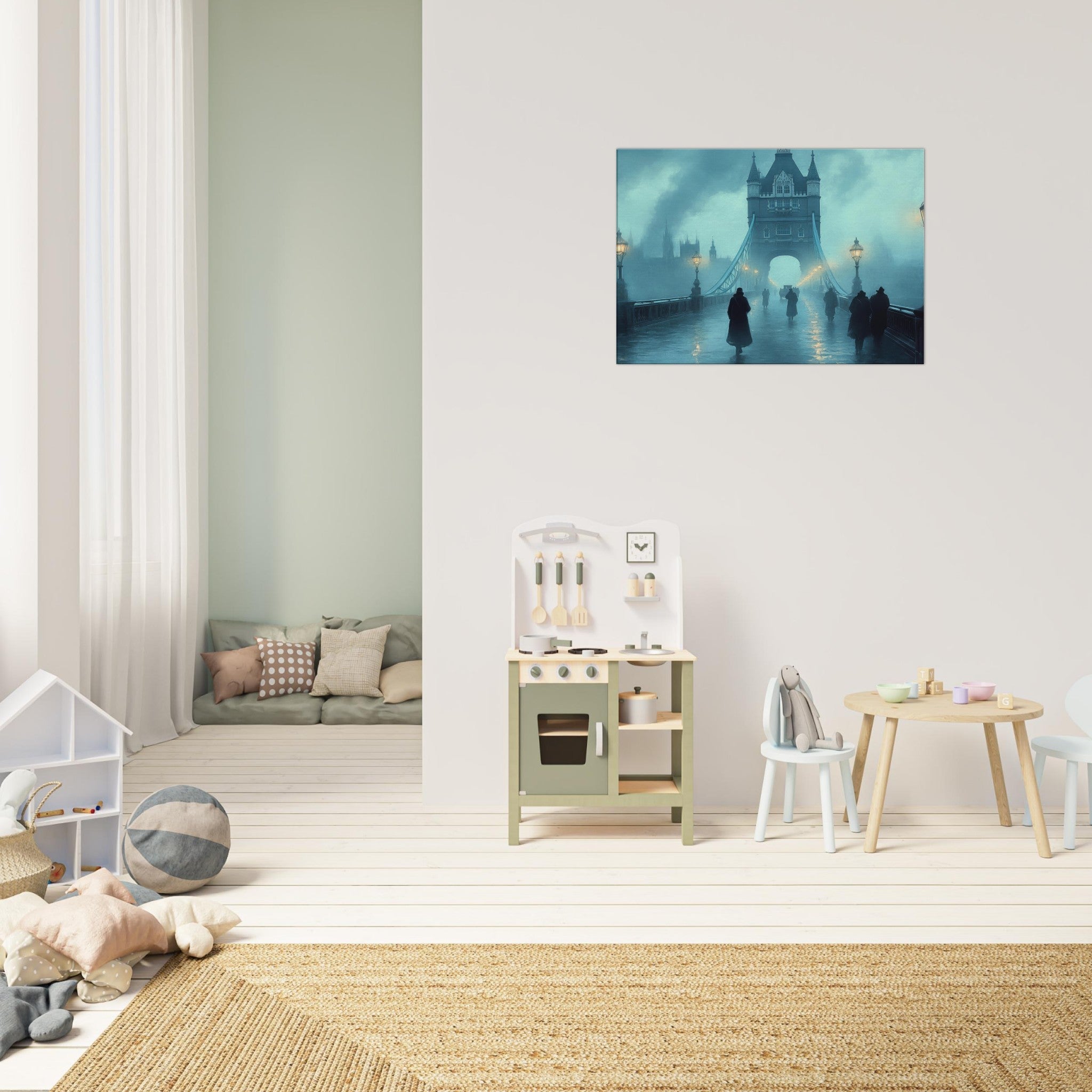Canvas Landscape - Foggy London Bridge at Dawn A misty morning vie 2 - Shop Ai Art WebShop - Digital Art online Store
