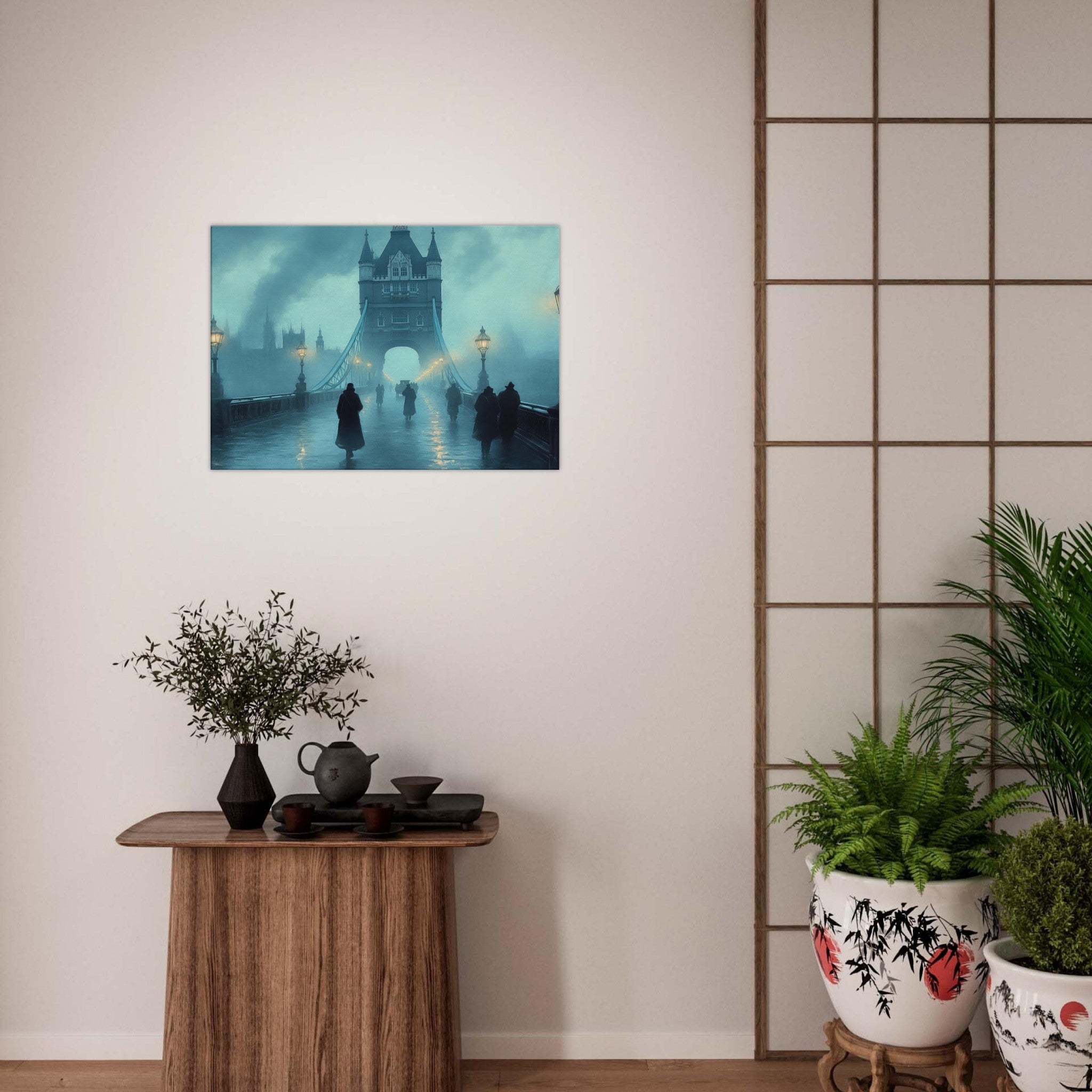 Canvas Landscape - Foggy London Bridge at Dawn A misty morning vie 2 - Shop Ai Art WebShop - Digital Art online Store