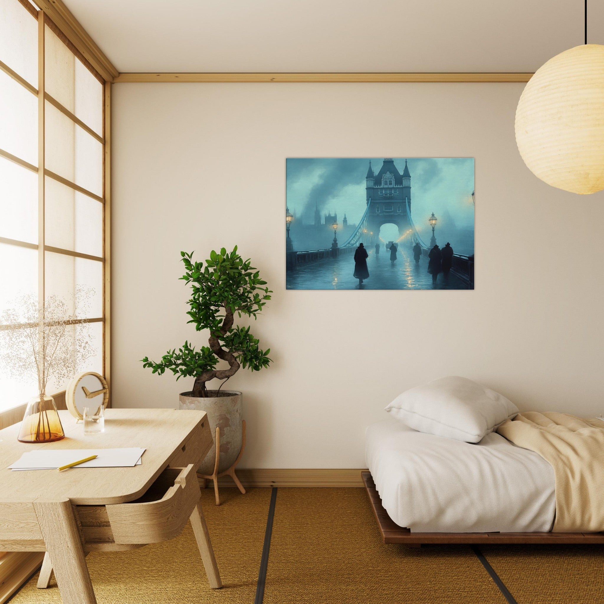 Canvas Landscape - Foggy London Bridge at Dawn A misty morning vie 2 - Shop Ai Art WebShop - Digital Art online Store
