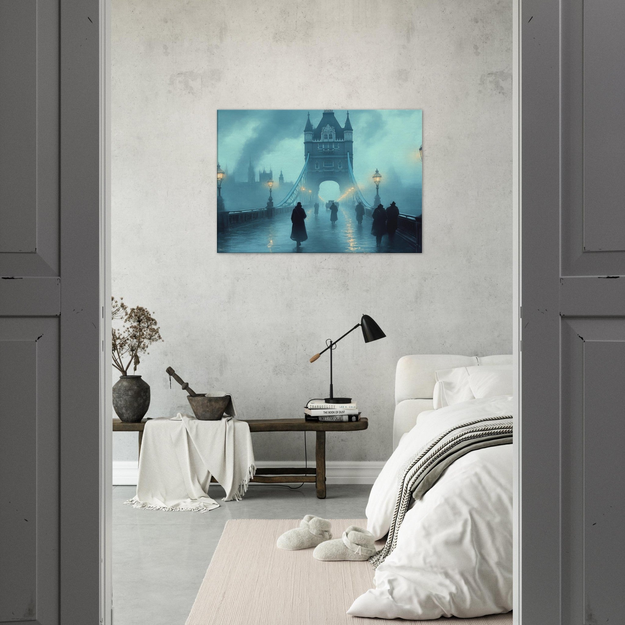 Canvas Landscape - Foggy London Bridge at Dawn A misty morning vie 2 - Shop Ai Art WebShop - Digital Art online Store