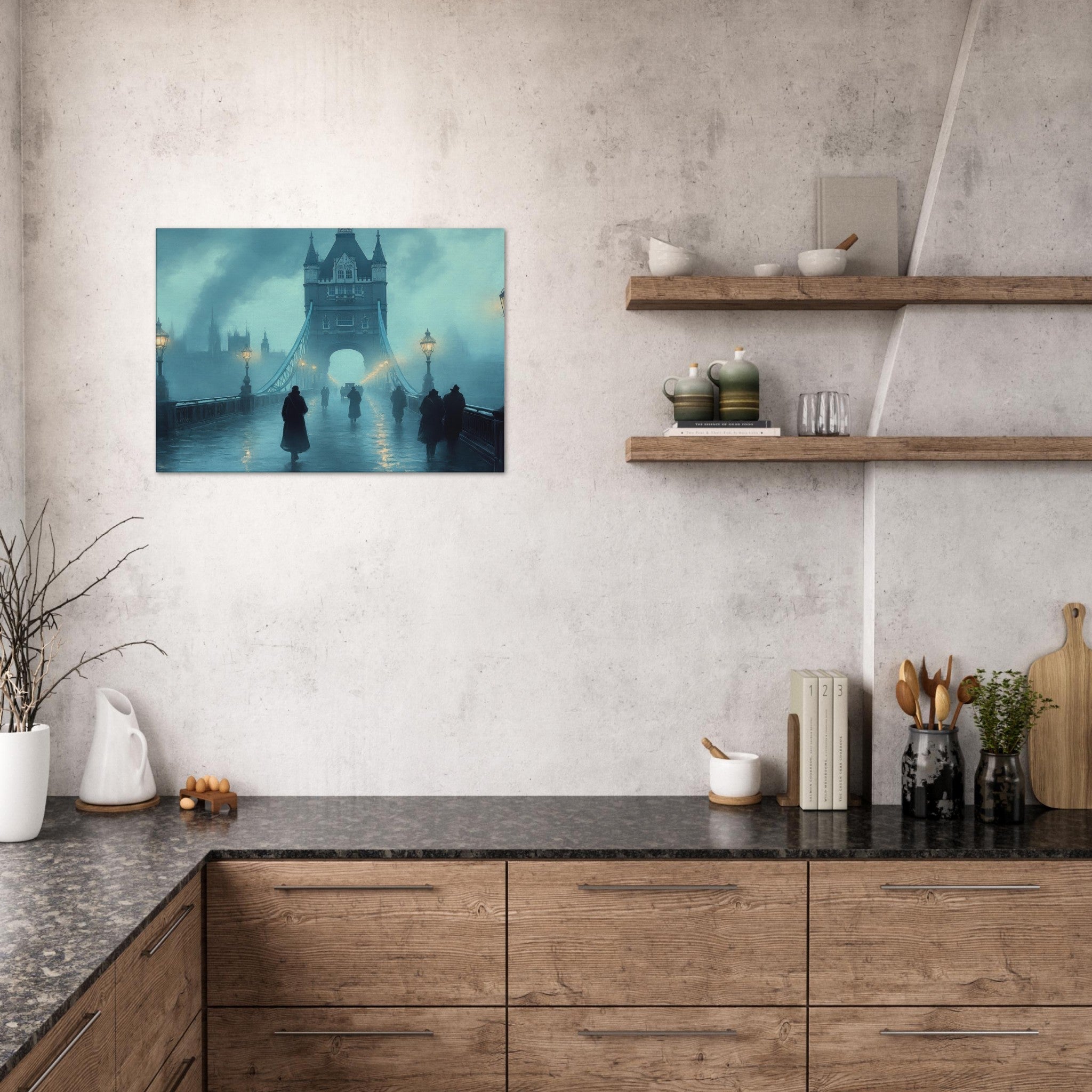 Canvas Landscape - Foggy London Bridge at Dawn A misty morning vie 2 - Shop Ai Art WebShop - Digital Art online Store