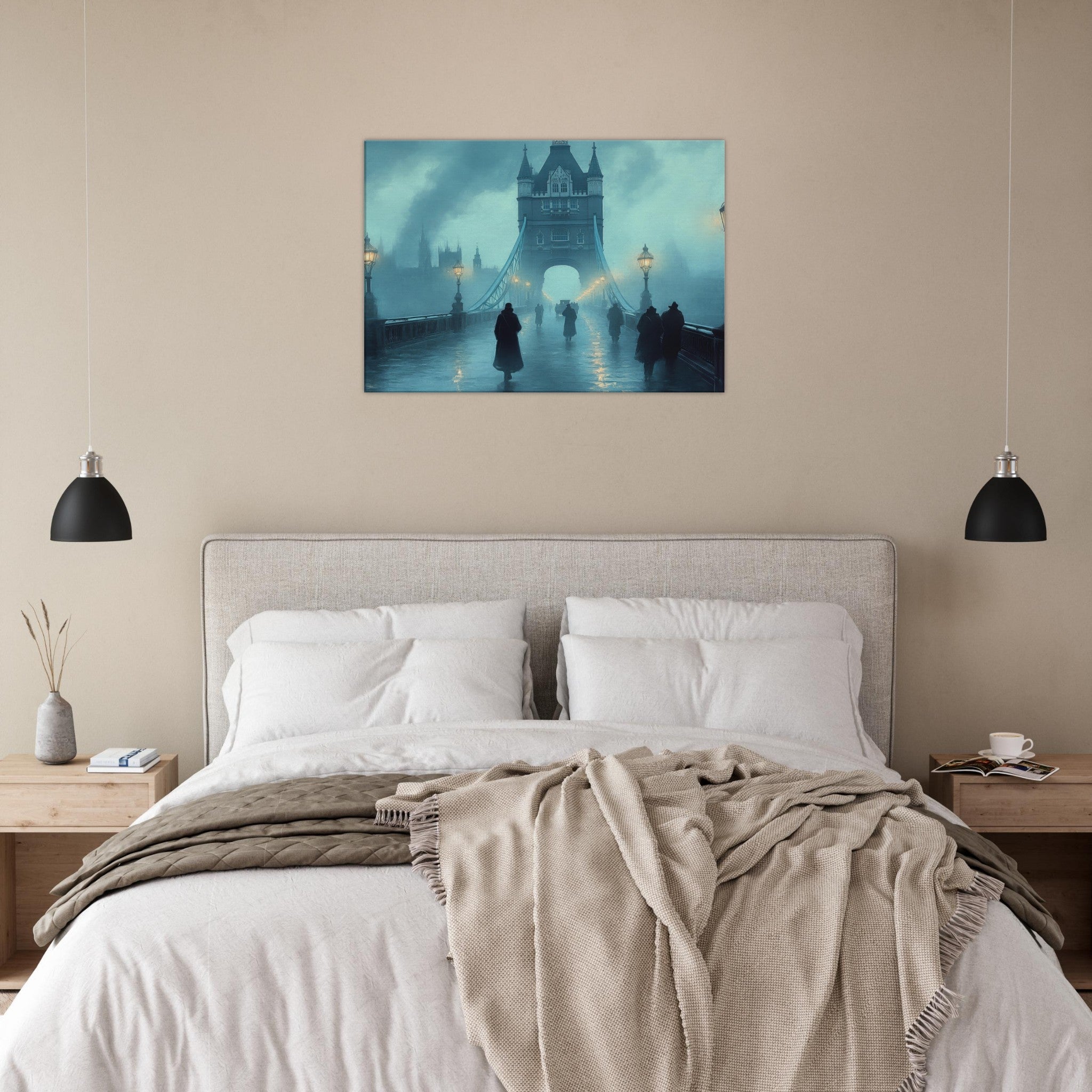 Canvas Landscape - Foggy London Bridge at Dawn A misty morning vie 2 - Shop Ai Art WebShop - Digital Art online Store