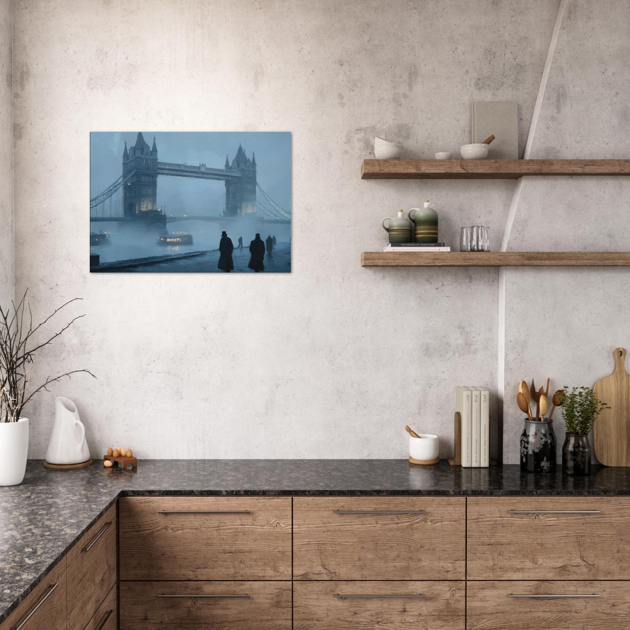 Canvas Landscape - Foggy London Bridge at Dawn A misty morning vie 3 - Shop Ai Art WebShop - Digital Art online Store