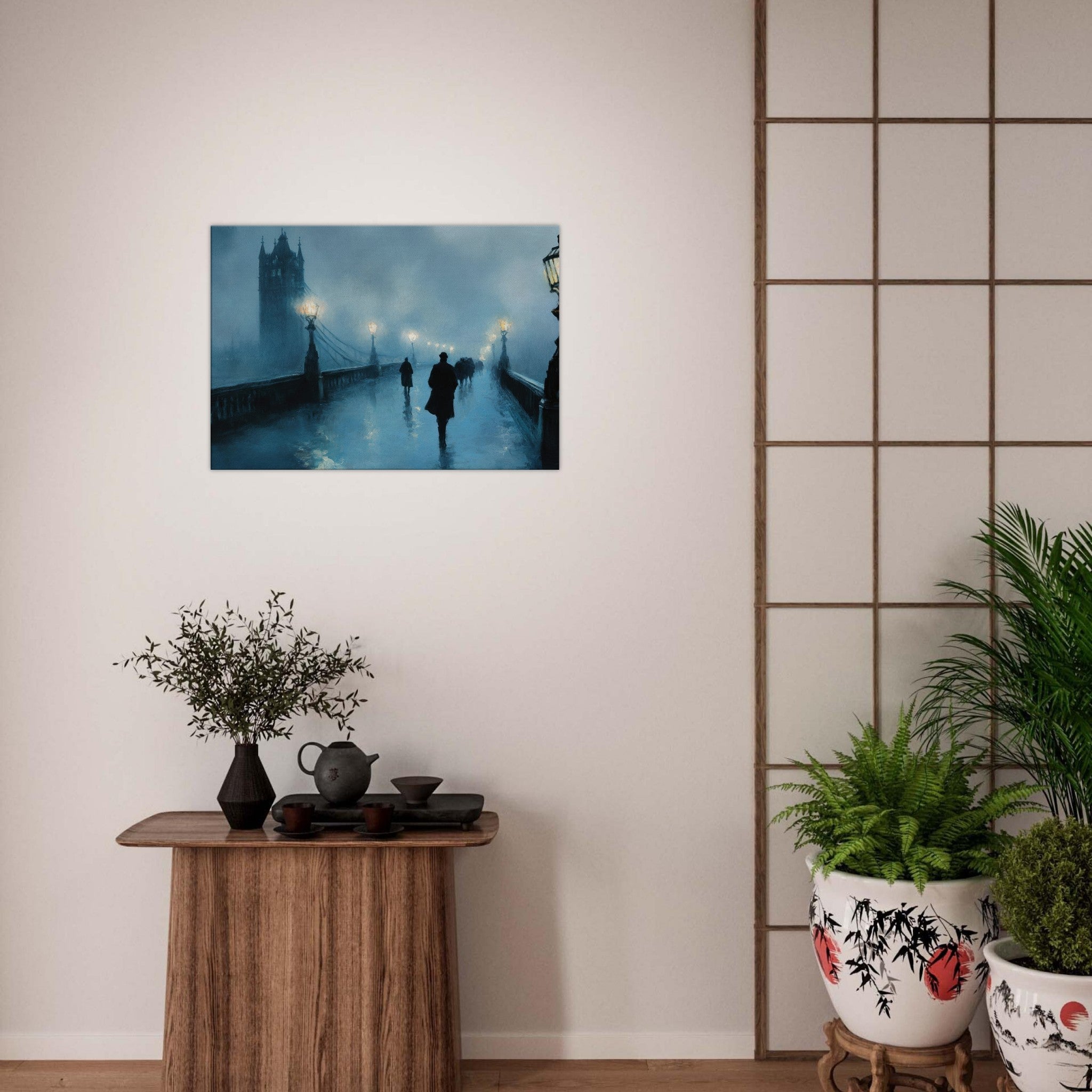 Canvas Landscape - Foggy London Bridge at Dawn A misty morning vie - Shop Ai Art WebShop - Digital Art online Store