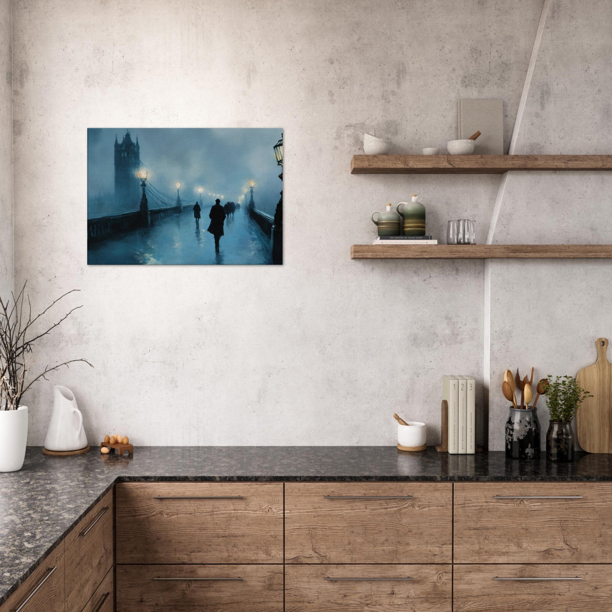 Canvas Landscape - Foggy London Bridge at Dawn A misty morning vie - Shop Ai Art WebShop - Digital Art online Store