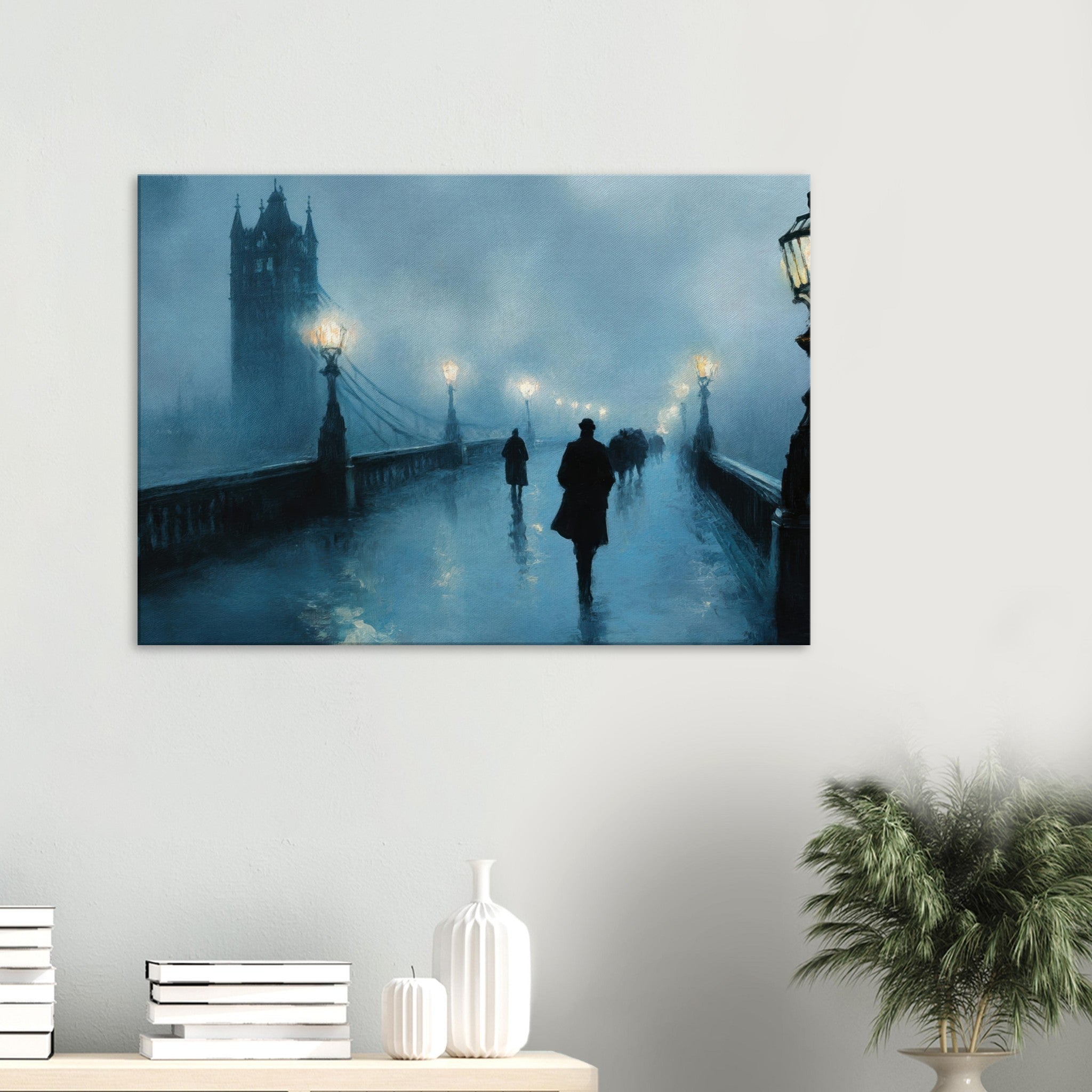 Canvas Landscape - Foggy London Bridge at Dawn A misty morning vie - Shop Ai Art WebShop - Digital Art online Store