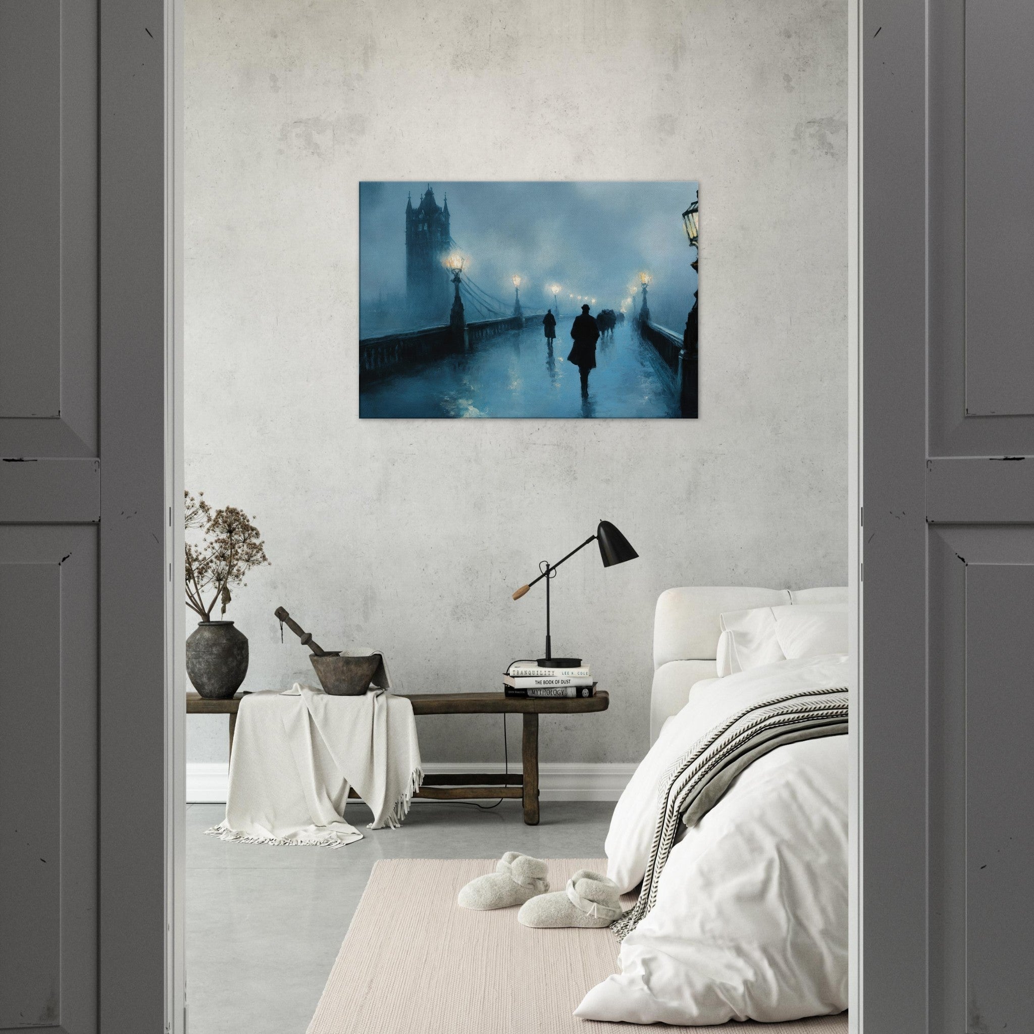 Canvas Landscape - Foggy London Bridge at Dawn A misty morning vie - Shop Ai Art WebShop - Digital Art online Store