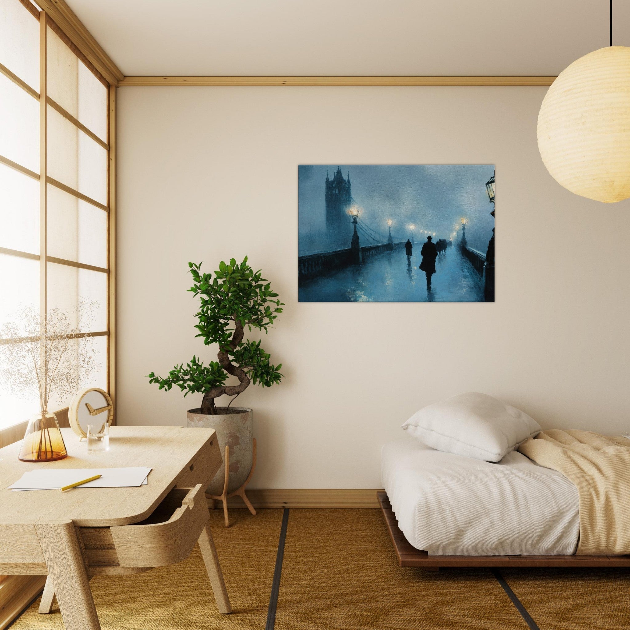 Canvas Landscape - Foggy London Bridge at Dawn A misty morning vie - Shop Ai Art WebShop - Digital Art online Store
