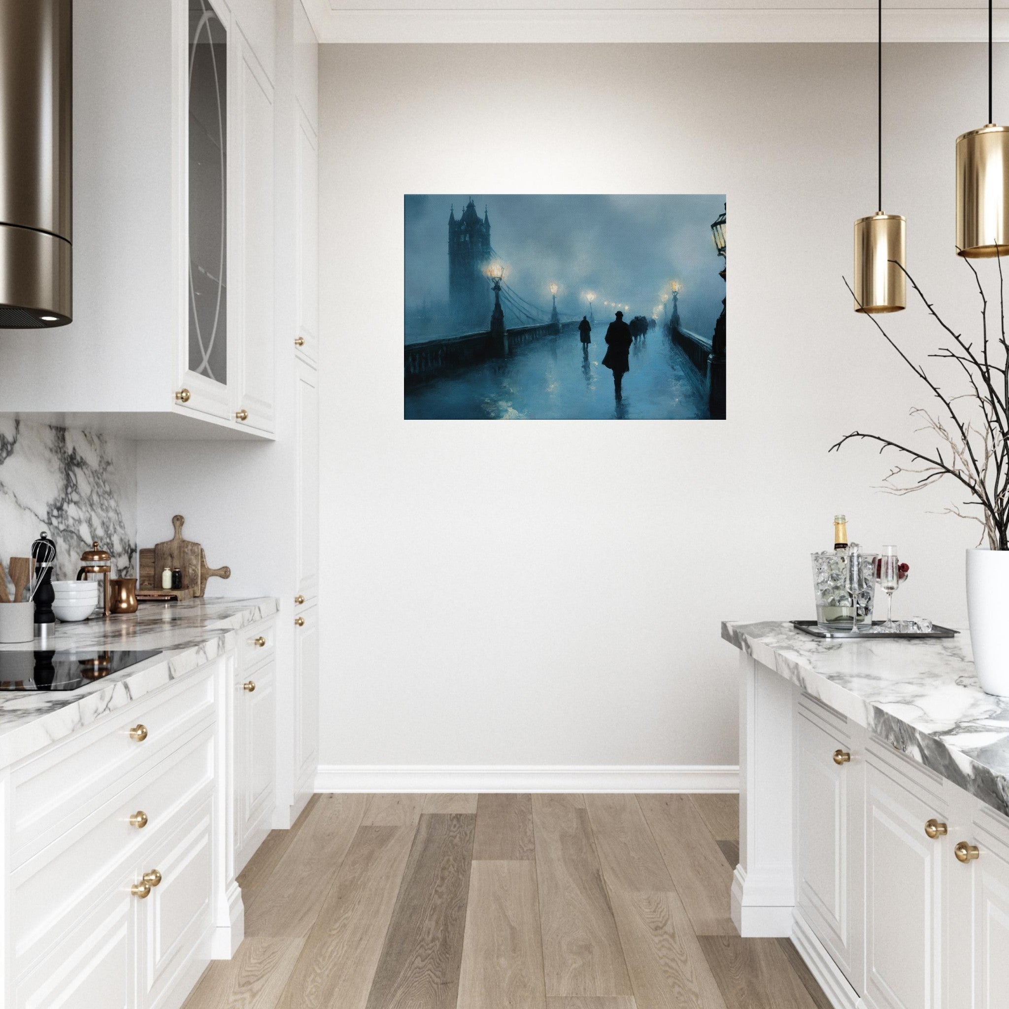 Canvas Landscape - Foggy London Bridge at Dawn A misty morning vie - Shop Ai Art WebShop - Digital Art online Store