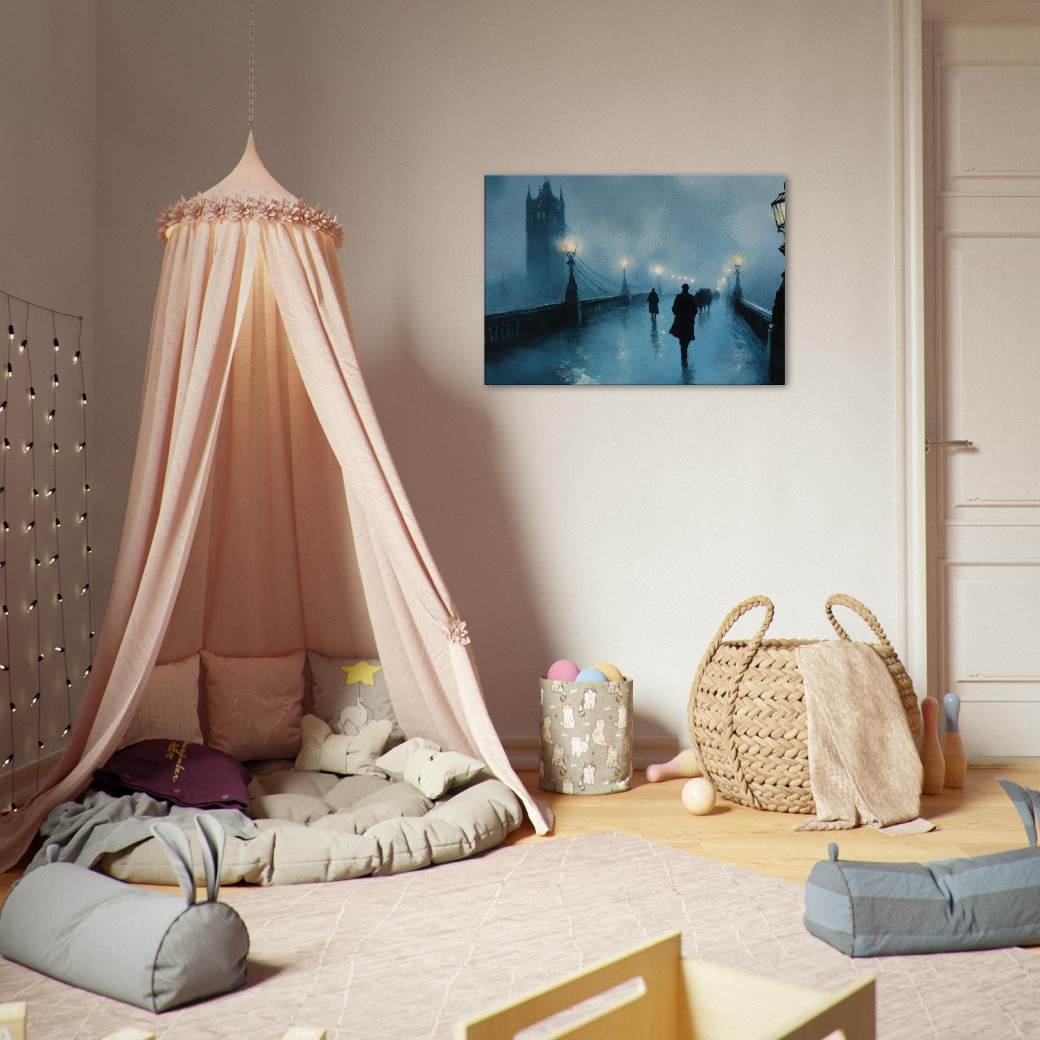 Canvas Landscape - Foggy London Bridge at Dawn A misty morning vie - Shop Ai Art WebShop - Digital Art online Store