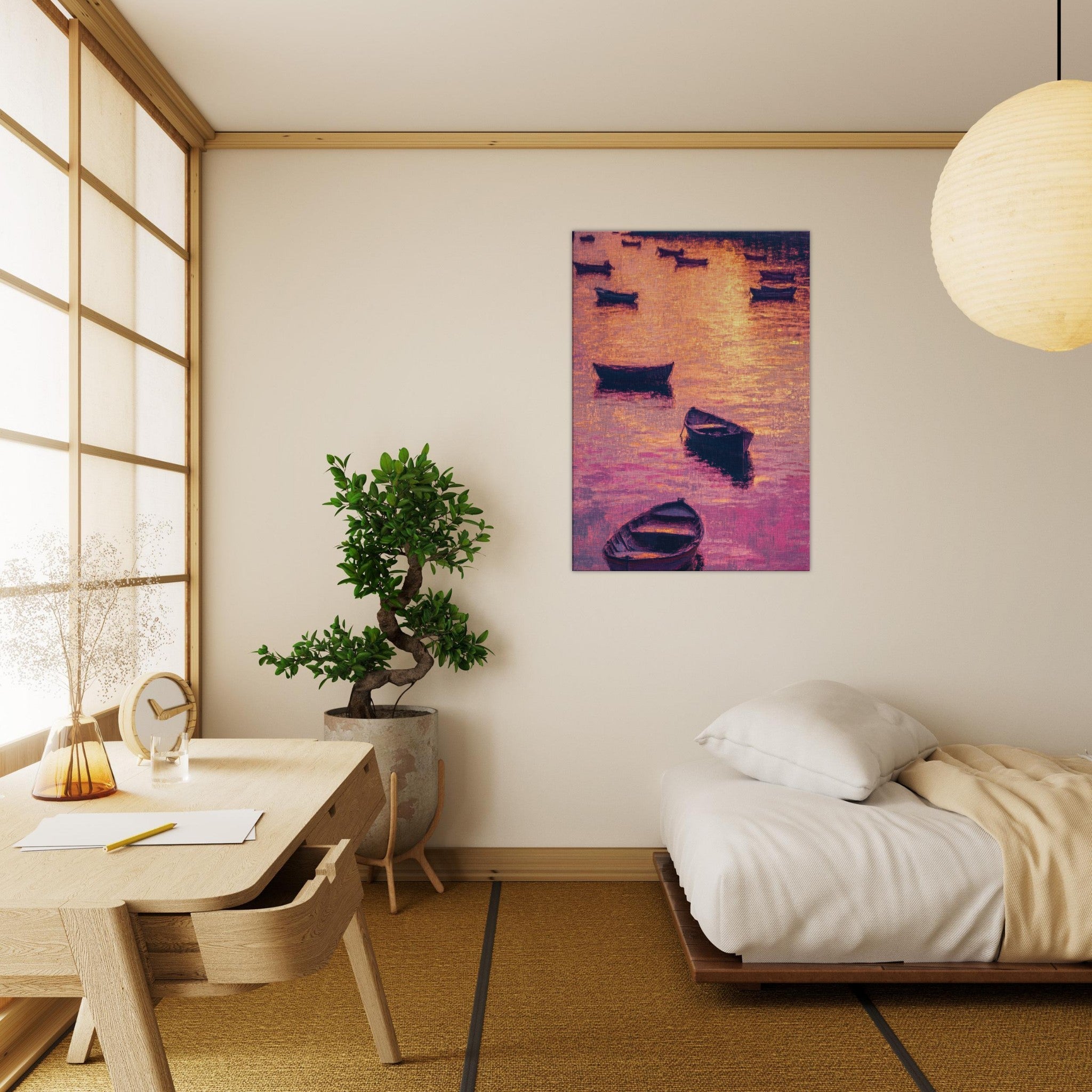 Canvas Portrait - Boats at Dusk A harbor filled with gently rocky - Shop Ai Art WebShop - Digital Art online Store