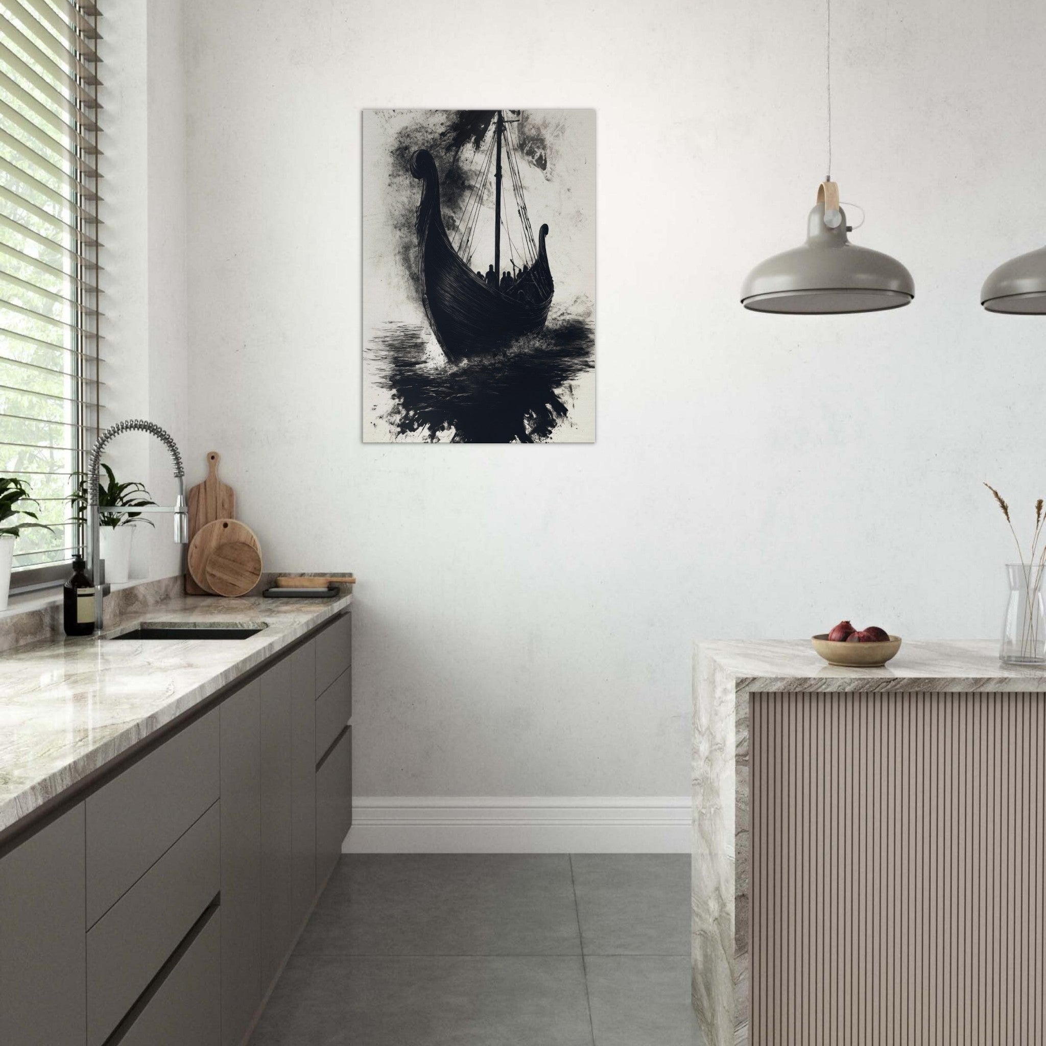 Canvas Portrait - The Ghostly Viking Longship Dark Nordic Ink Met 5 - Shop Ai Art WebShop - Digital Art online Store