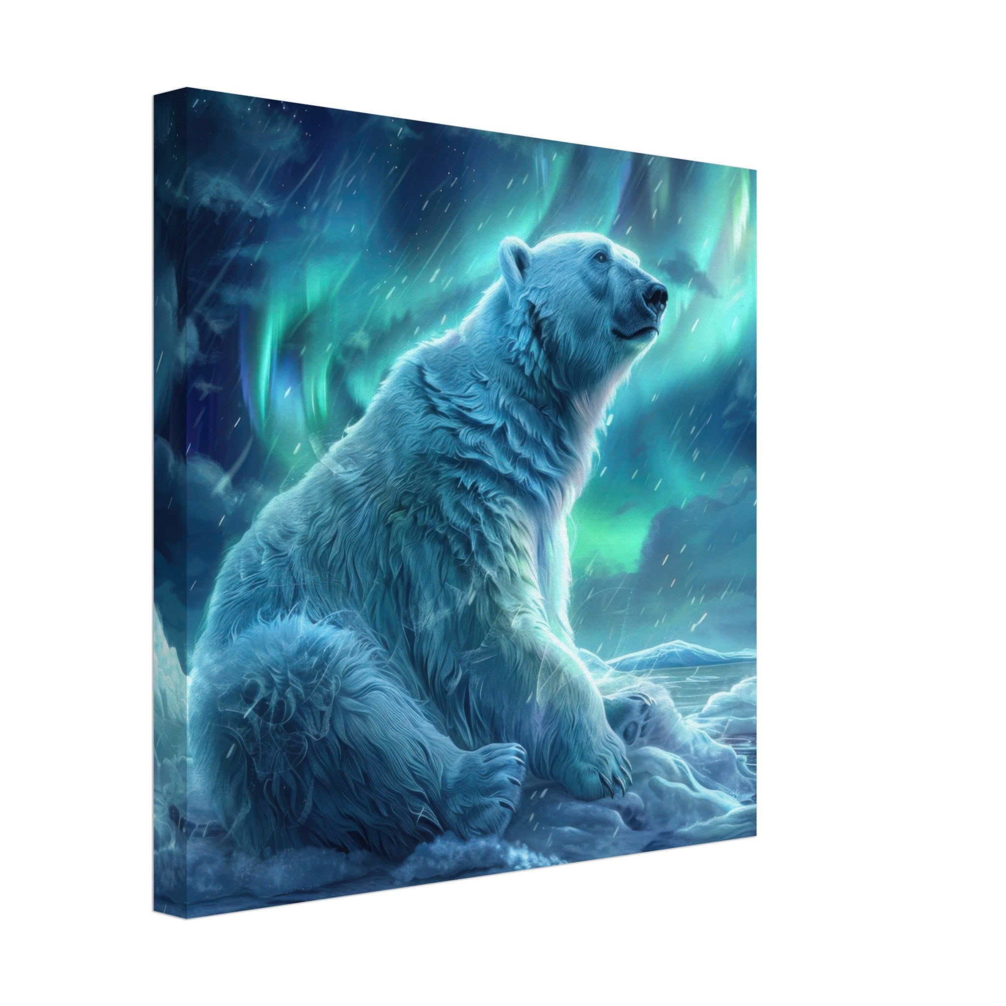 Canvas Square - Polar Bear in the cold Night Enjoying the Northern Lights - Shop Ai Art WebShop - Digital Art online Store