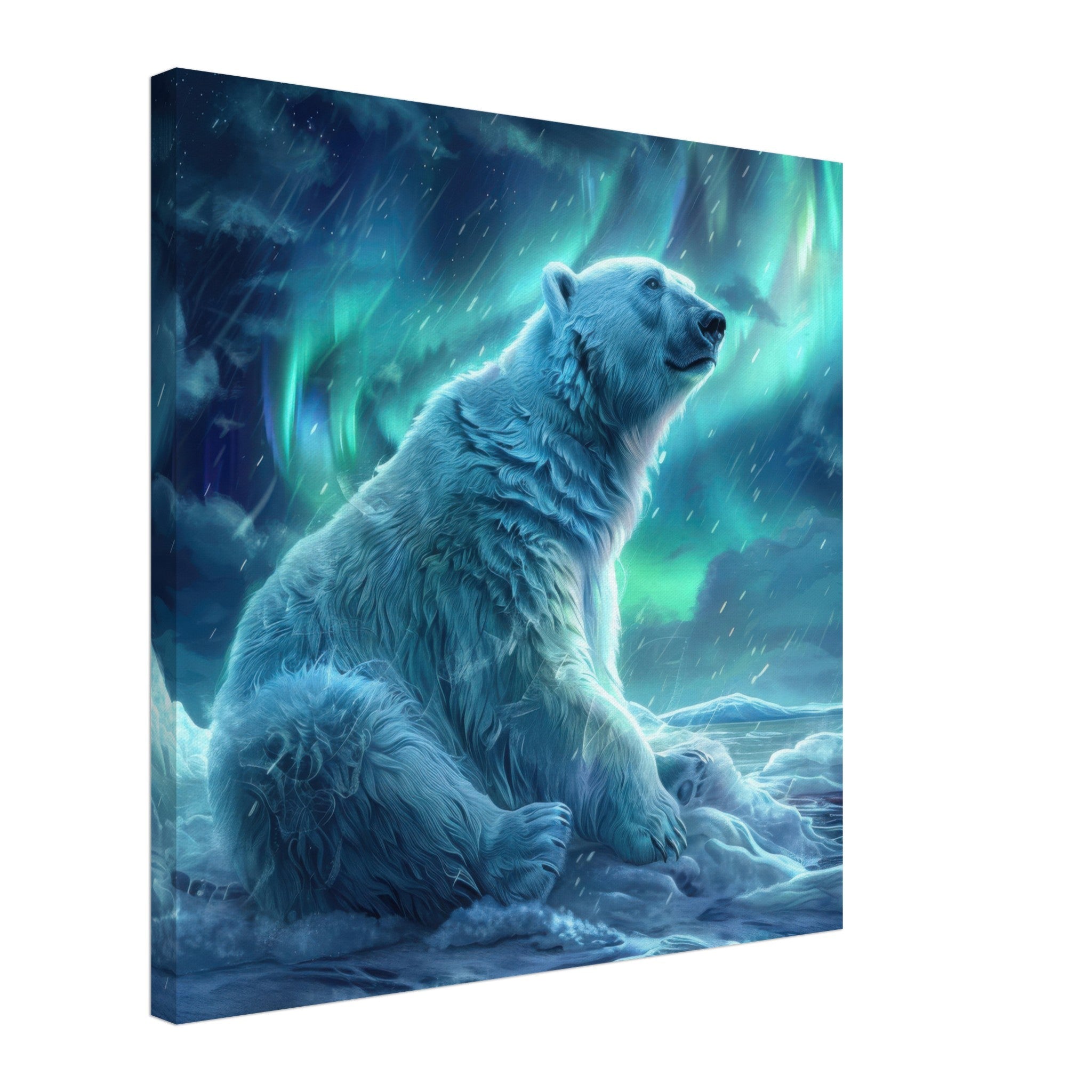 Canvas Square - Polar Bear in the cold Night Enjoying the Northern Lights - Shop Ai Art WebShop - Digital Art online Store