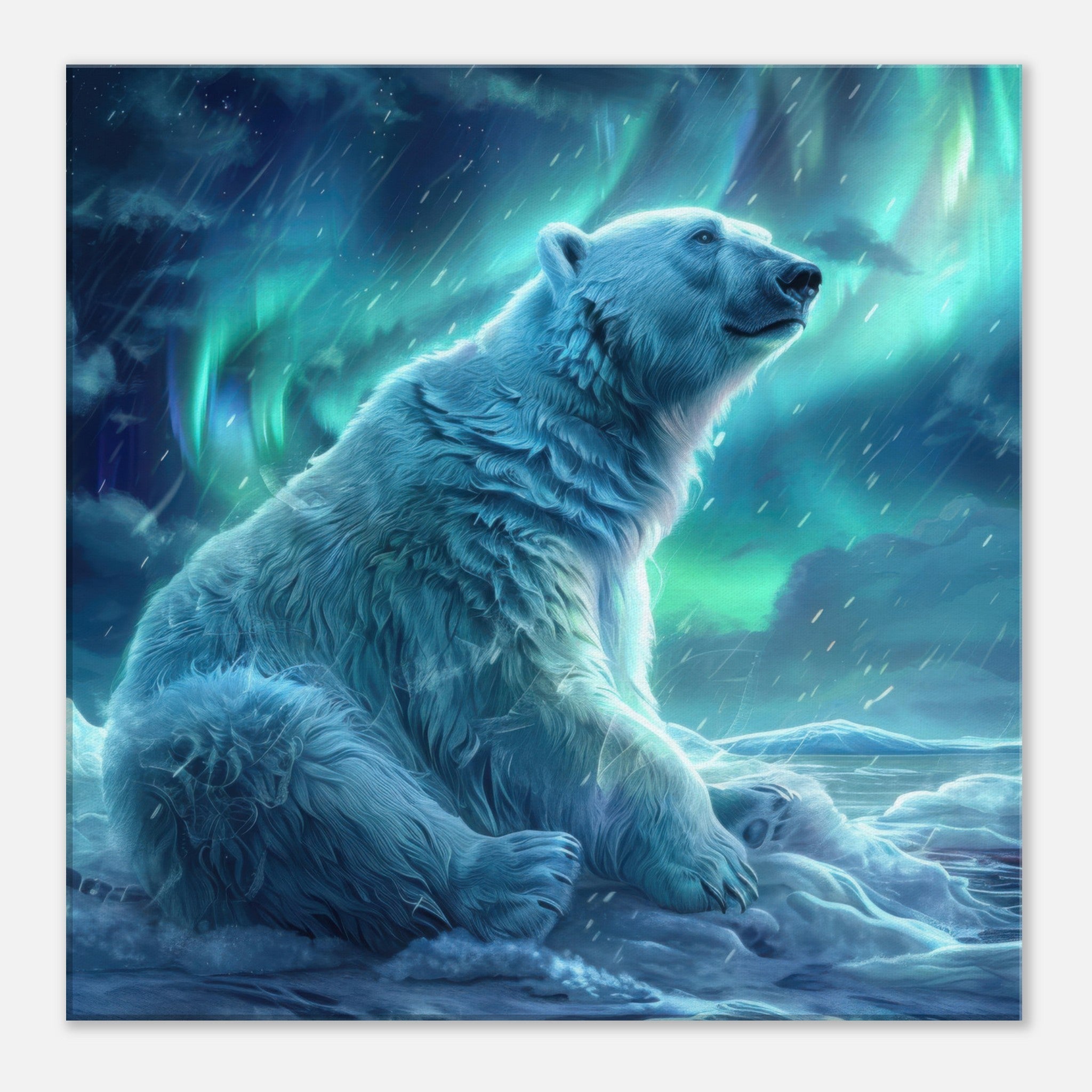 Canvas Square - Polar Bear in the cold Night Enjoying the Northern Lights - Shop Ai Art WebShop - Digital Art online Store