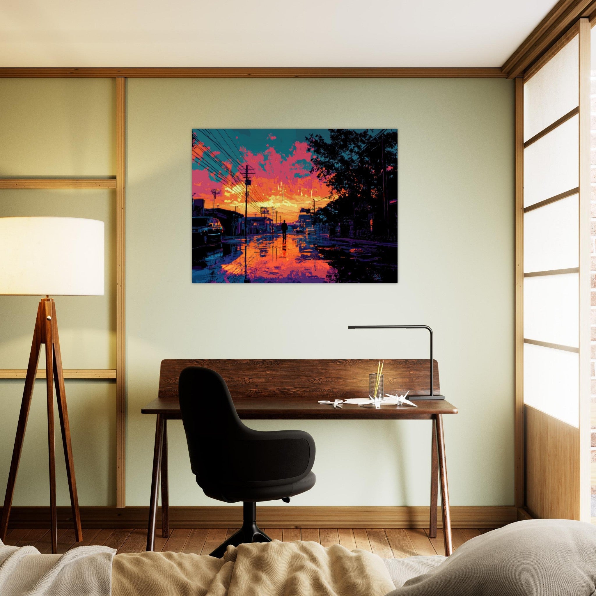 Fine Art Poster Landscape - A city where neon lights create impossible rifle 3 - Shop Ai Art WebShop - Digital Art online Store
