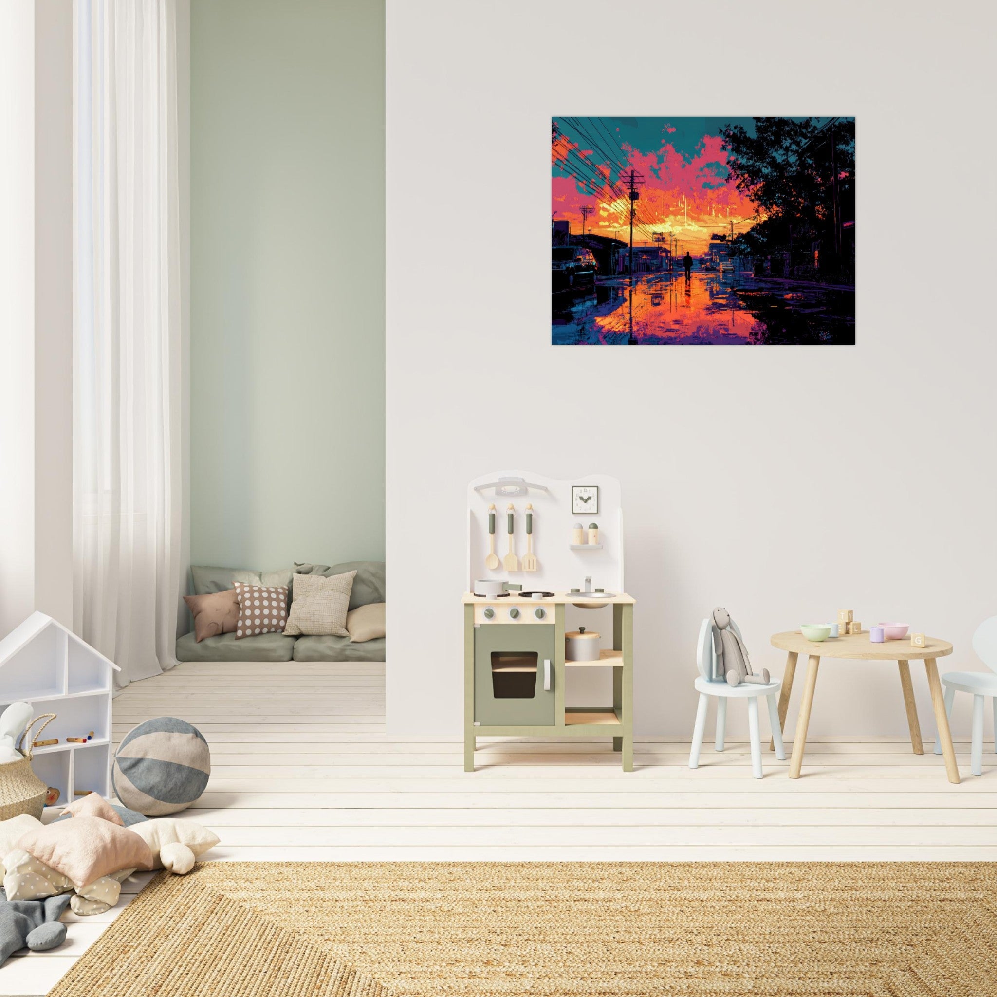 Fine Art Poster Landscape - A city where neon lights create impossible rifle 3 - Shop Ai Art WebShop - Digital Art online Store