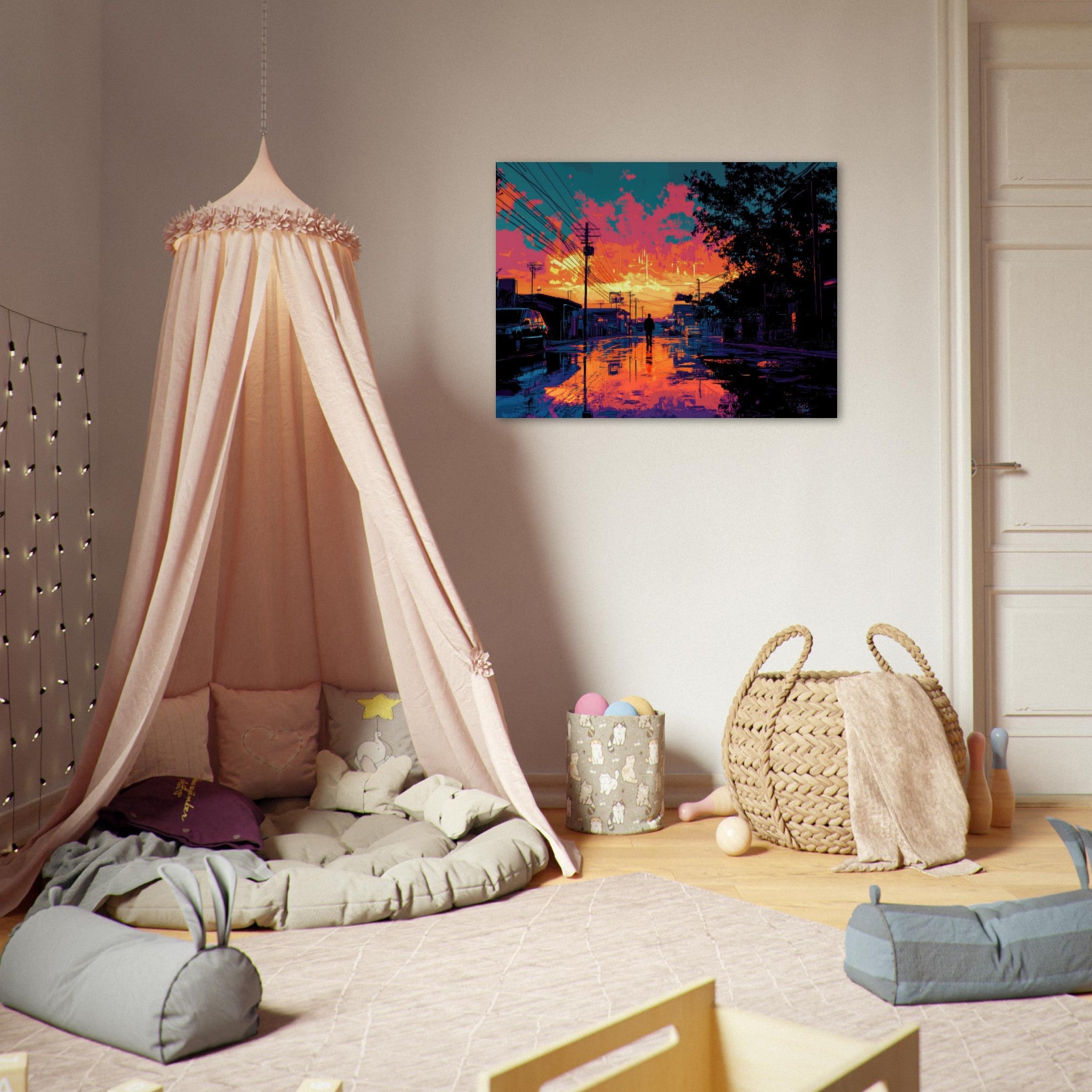 Fine Art Poster Landscape - A city where neon lights create impossible rifle 3 - Shop Ai Art WebShop - Digital Art online Store