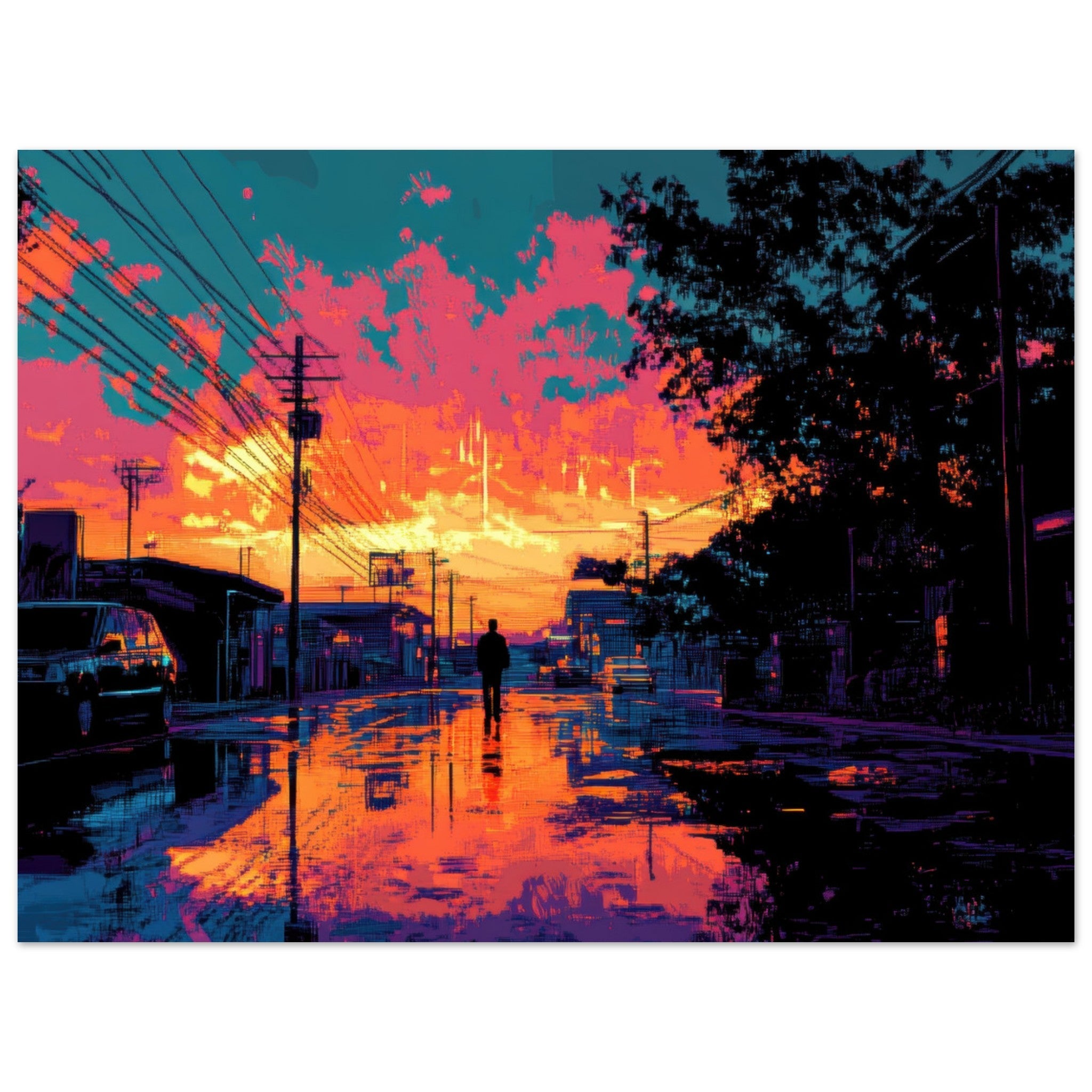 Fine Art Poster Landscape - A city where neon lights create impossible rifle 3 - Shop Ai Art WebShop - Digital Art online Store