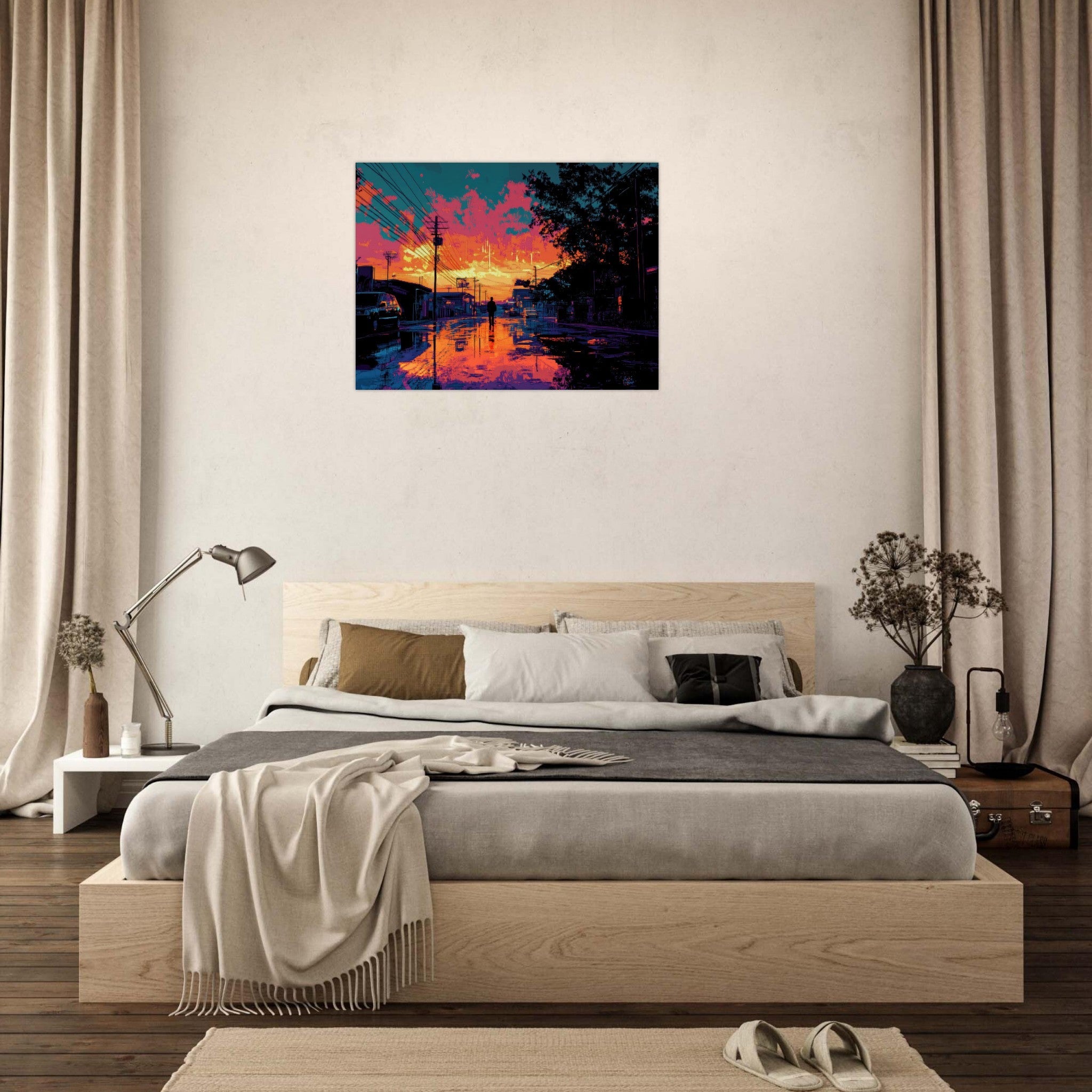 Fine Art Poster Landscape - A city where neon lights create impossible rifle 3 - Shop Ai Art WebShop - Digital Art online Store