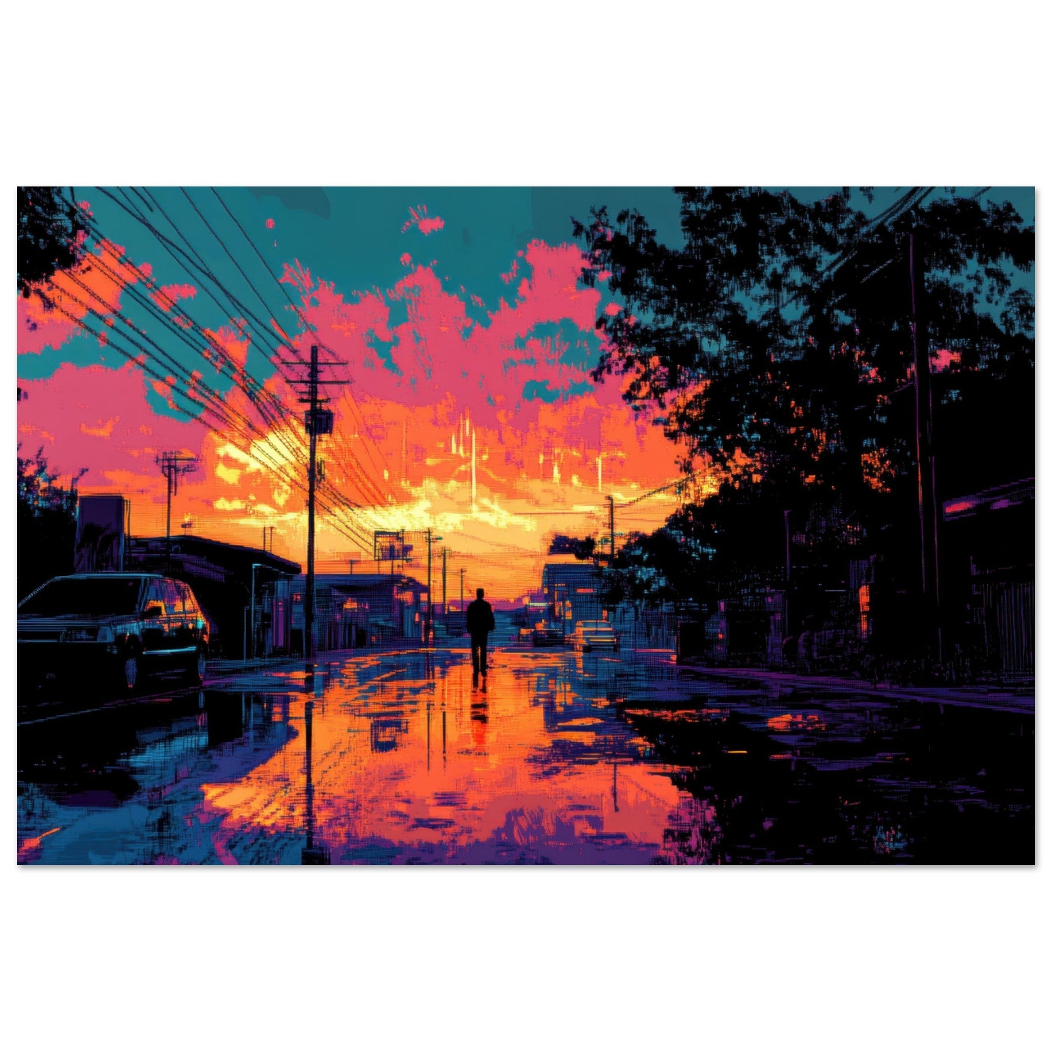 Fine Art Poster Landscape - A city where neon lights create impossible rifle 3 - Shop Ai Art WebShop - Digital Art online Store