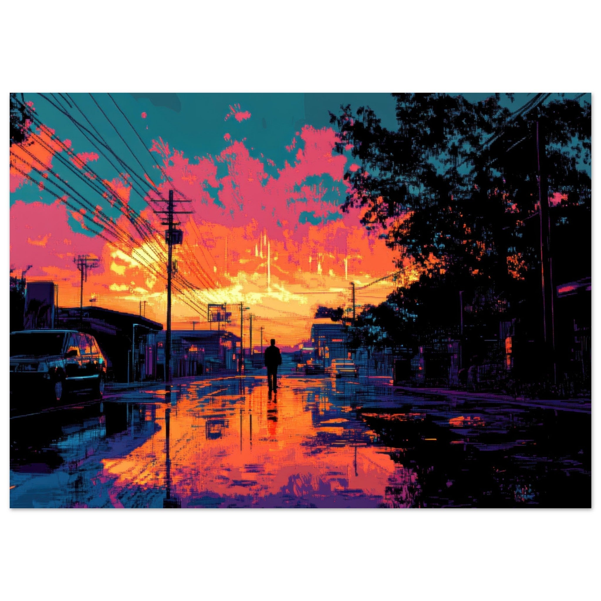 Fine Art Poster Landscape - A city where neon lights create impossible rifle 3 - Shop Ai Art WebShop - Digital Art online Store