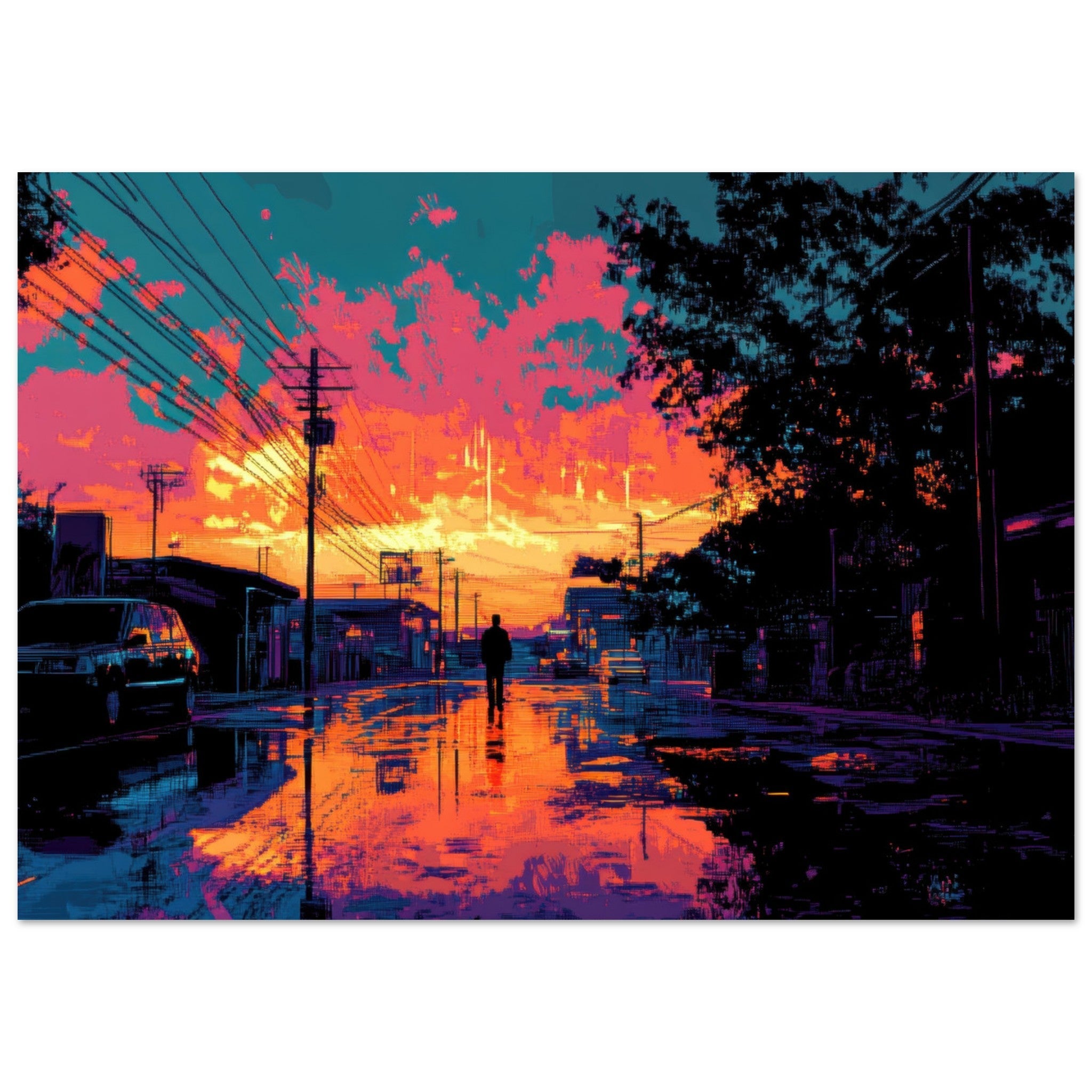 Fine Art Poster Landscape - A city where neon lights create impossible rifle 3 - Shop Ai Art WebShop - Digital Art online Store